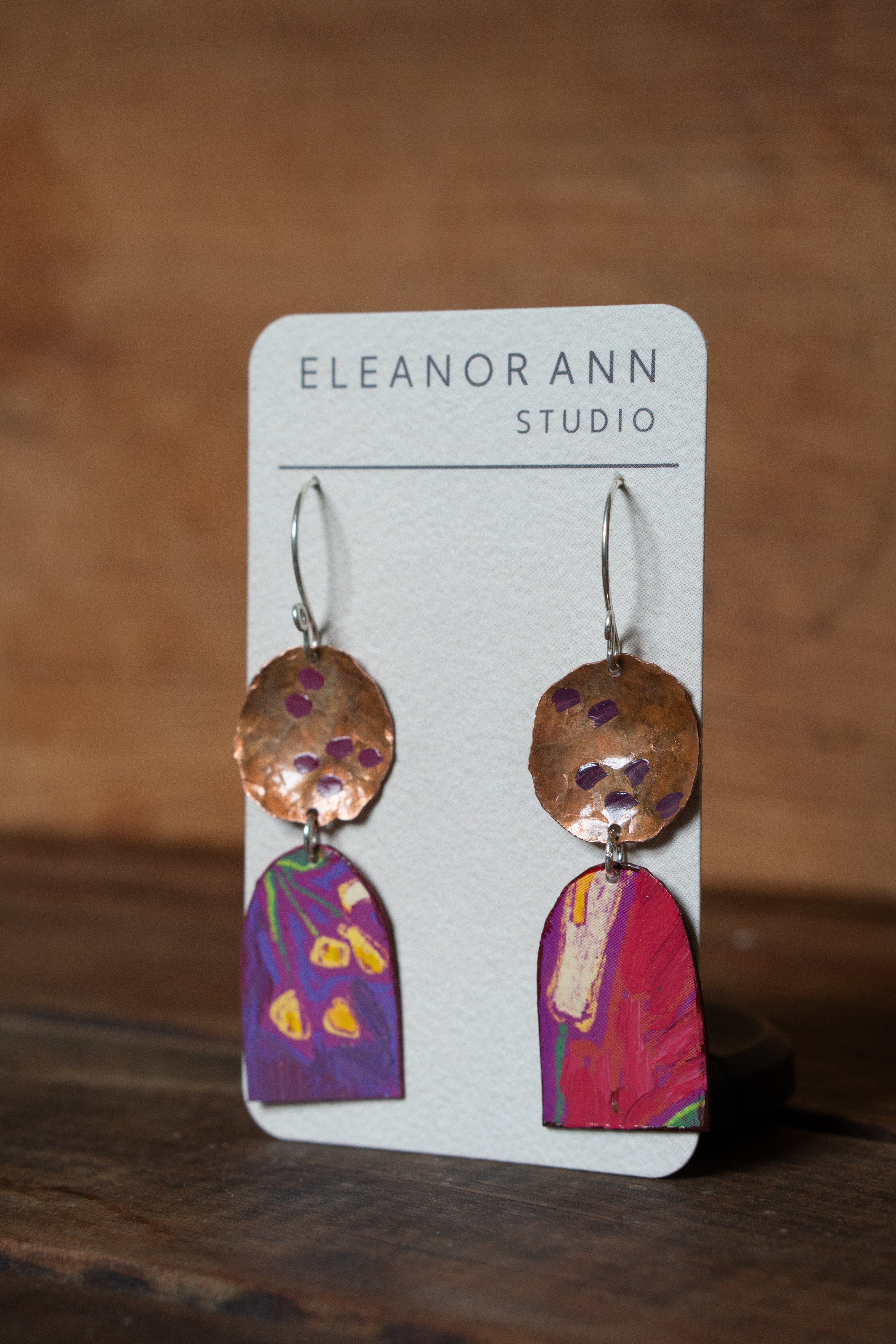 Reclaimed Copper and Hand-painted Earrings - Eleanor Ann Earrings Eleanor Ann Purple Blooms 