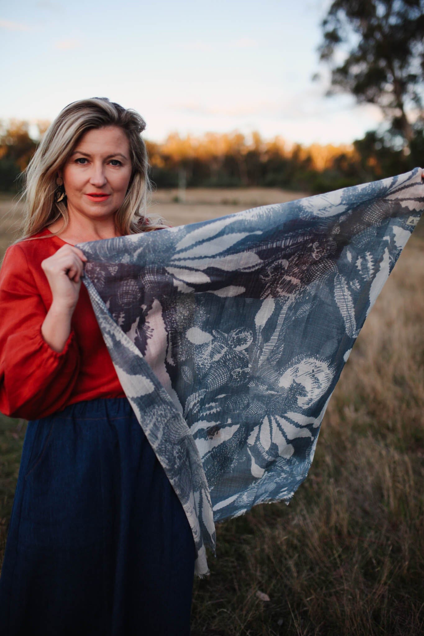 Printed Sheer Wool Scarves - Gift Boxed scarf The Spotted Quoll Sawtooth Banksia 