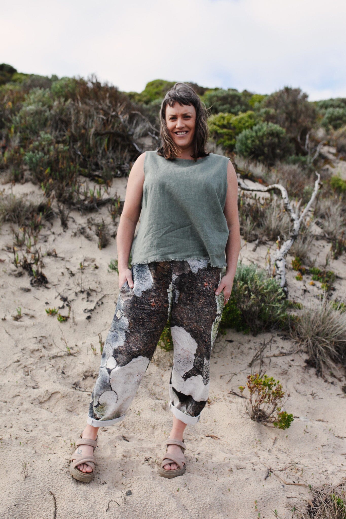Frayed Linen Slub Tank - Oilve Shirts & Tops The Spotted Quoll 