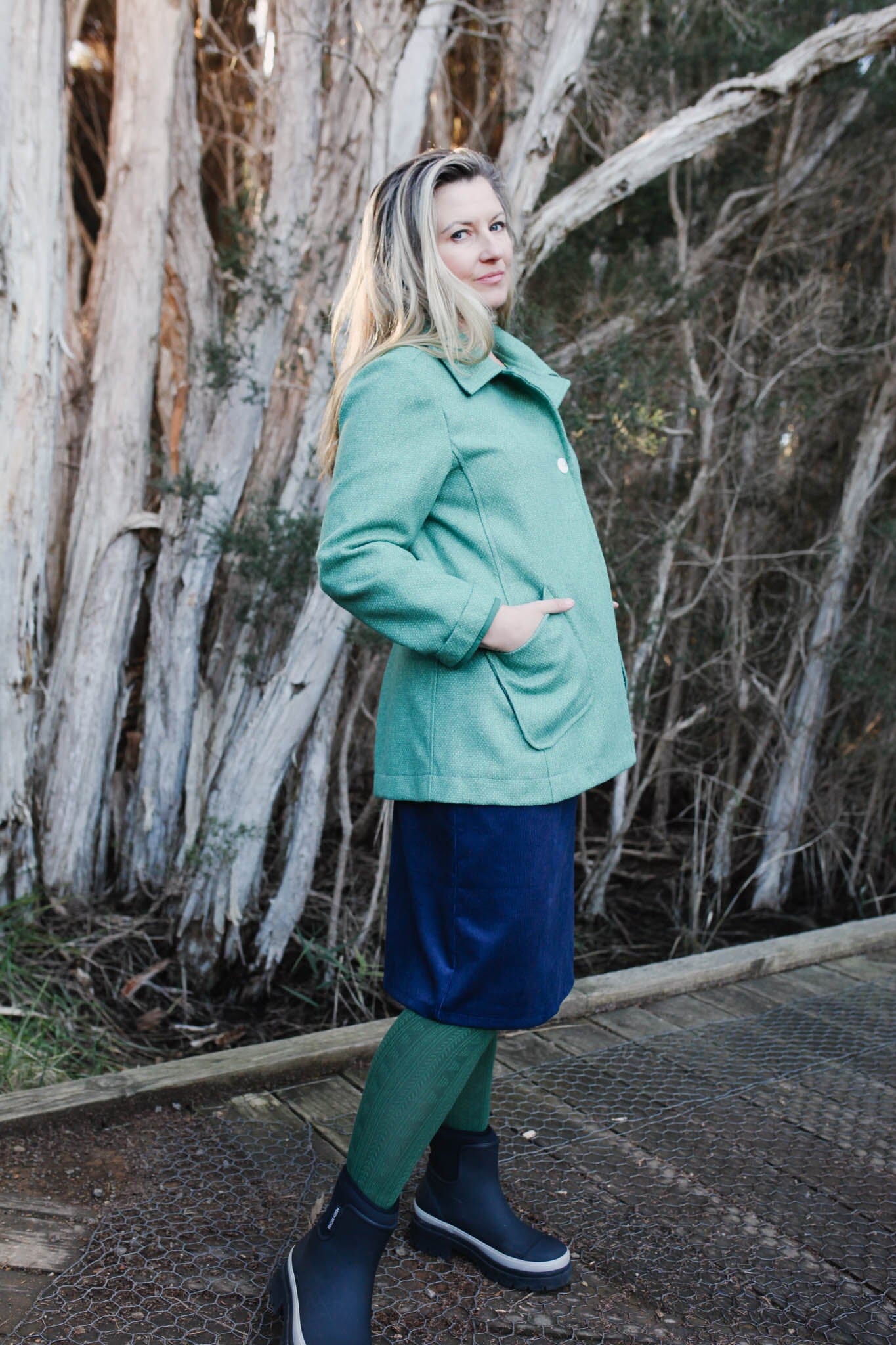 Island Pleat Wool Coat - Sage Spots Coat The Spotted Quoll 