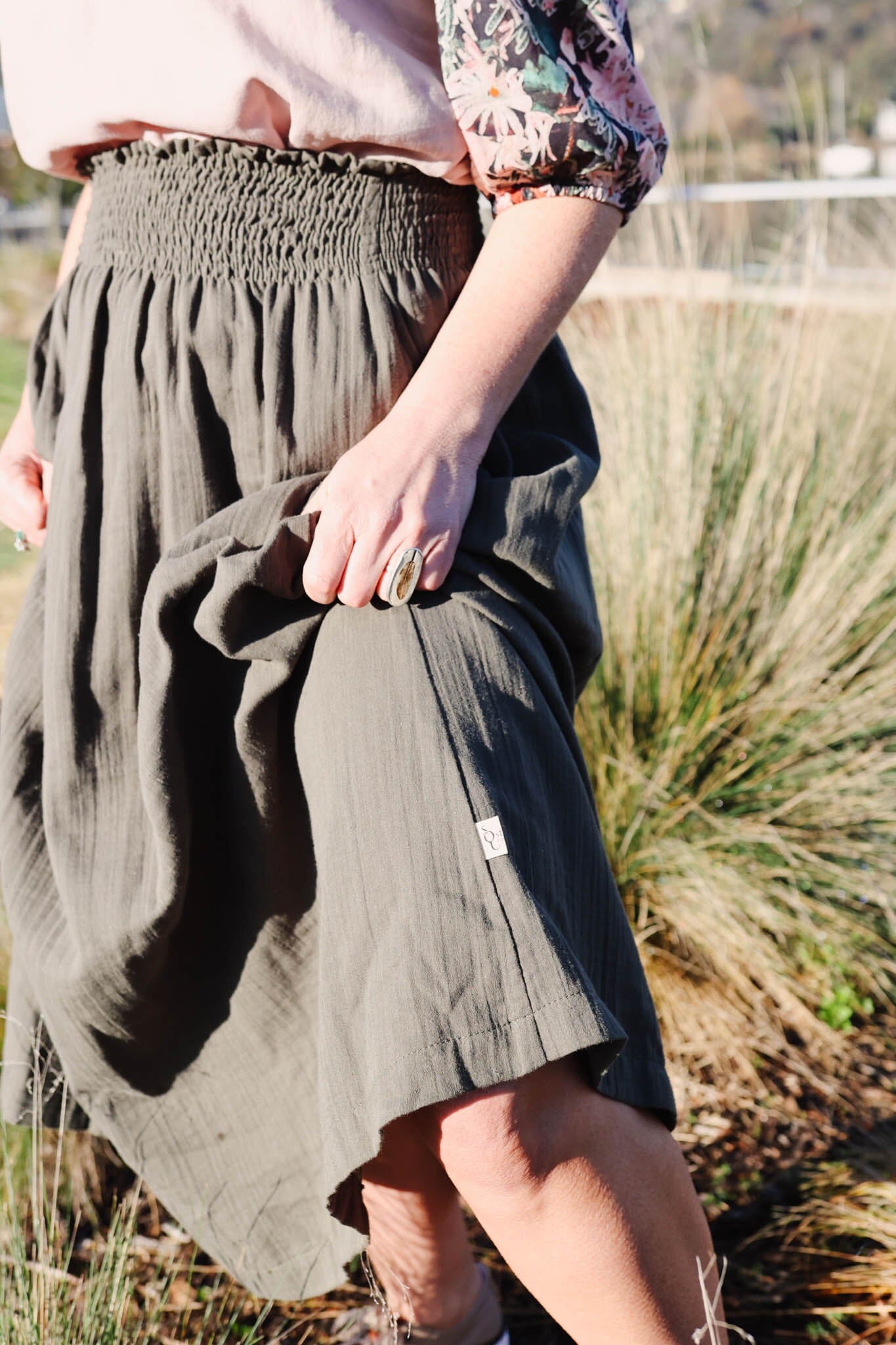 Frankie Shirred Skirt - Khaki Skirt The Spotted Quoll S/M 