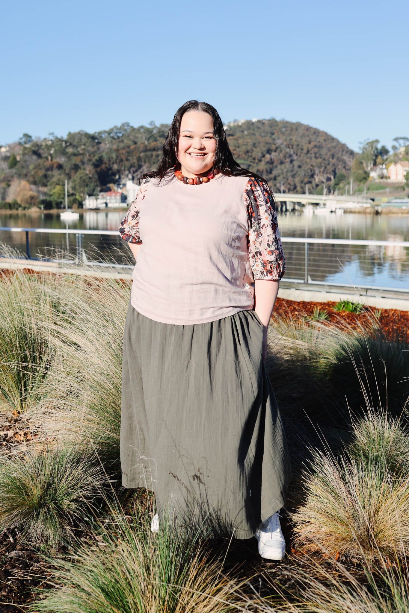 Frankie Shirred Skirt - Khaki Skirt The Spotted Quoll 