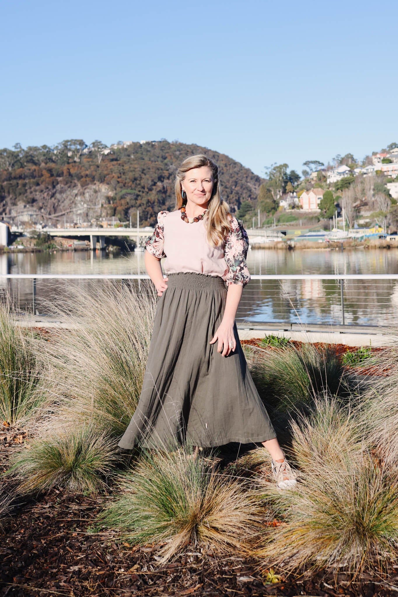 Frankie Shirred Skirt - Khaki Skirt The Spotted Quoll 