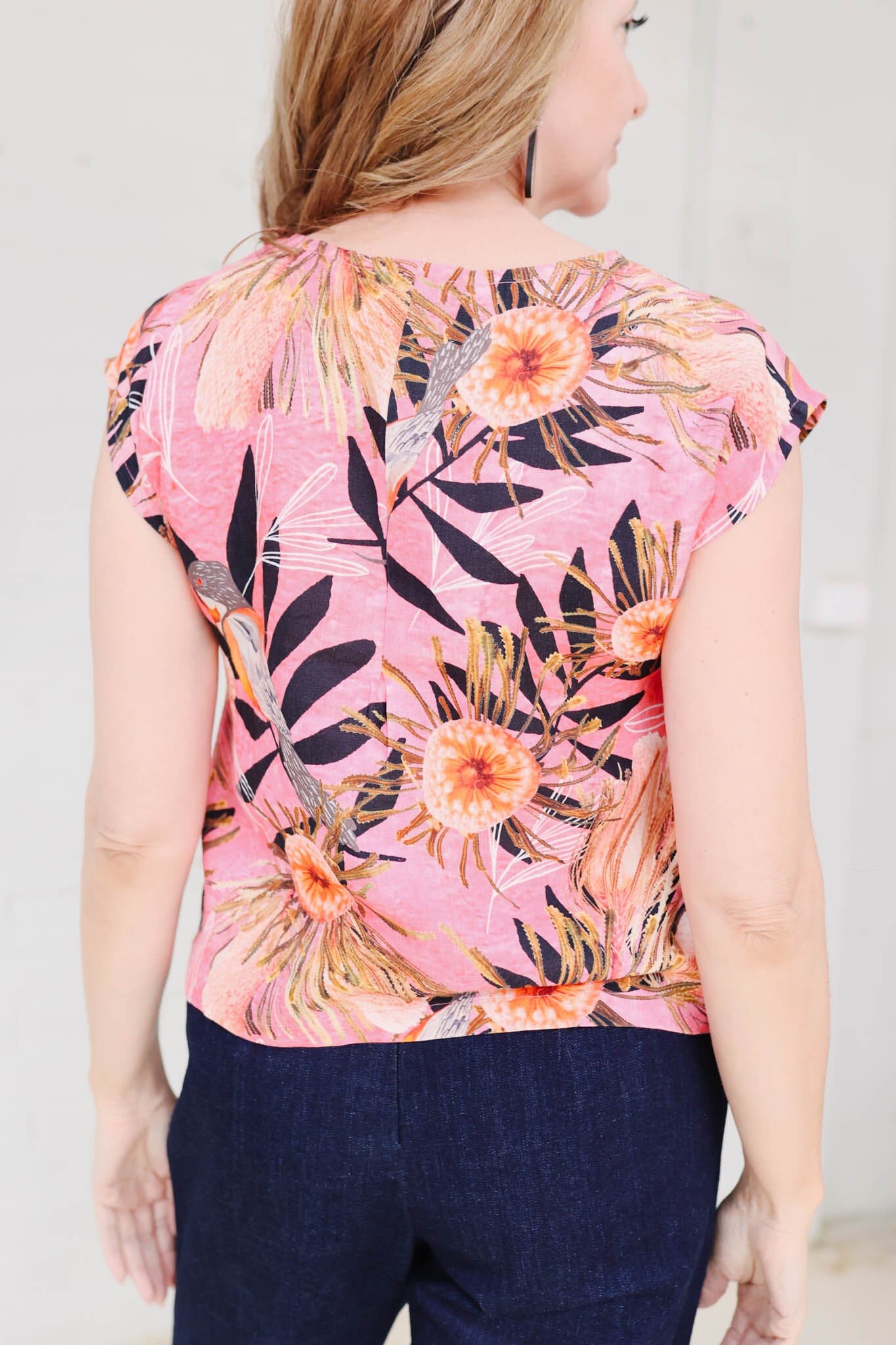 Pure Linen Mini Pleat Top - Pink Summer Bouquet Shirts & Tops The Spotted Quoll 