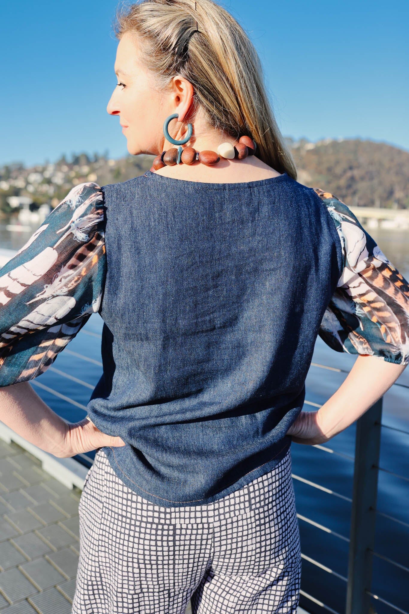 Lady Jane Bishops Sleeve Blouse - Denim & Voile top The Spotted Quoll 