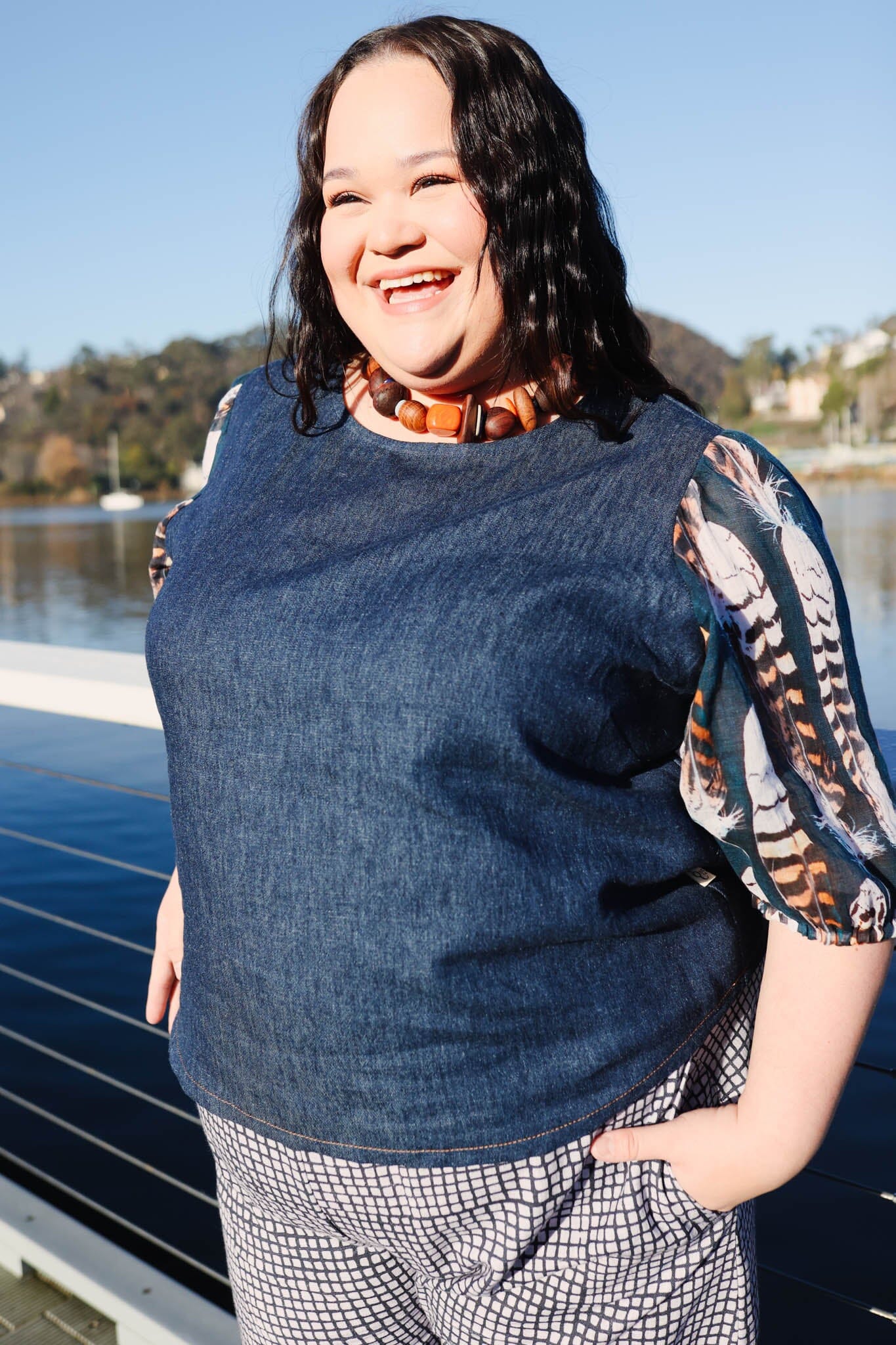 Lady Jane Bishops Sleeve Blouse - Denim & Voile top The Spotted Quoll L/XL 