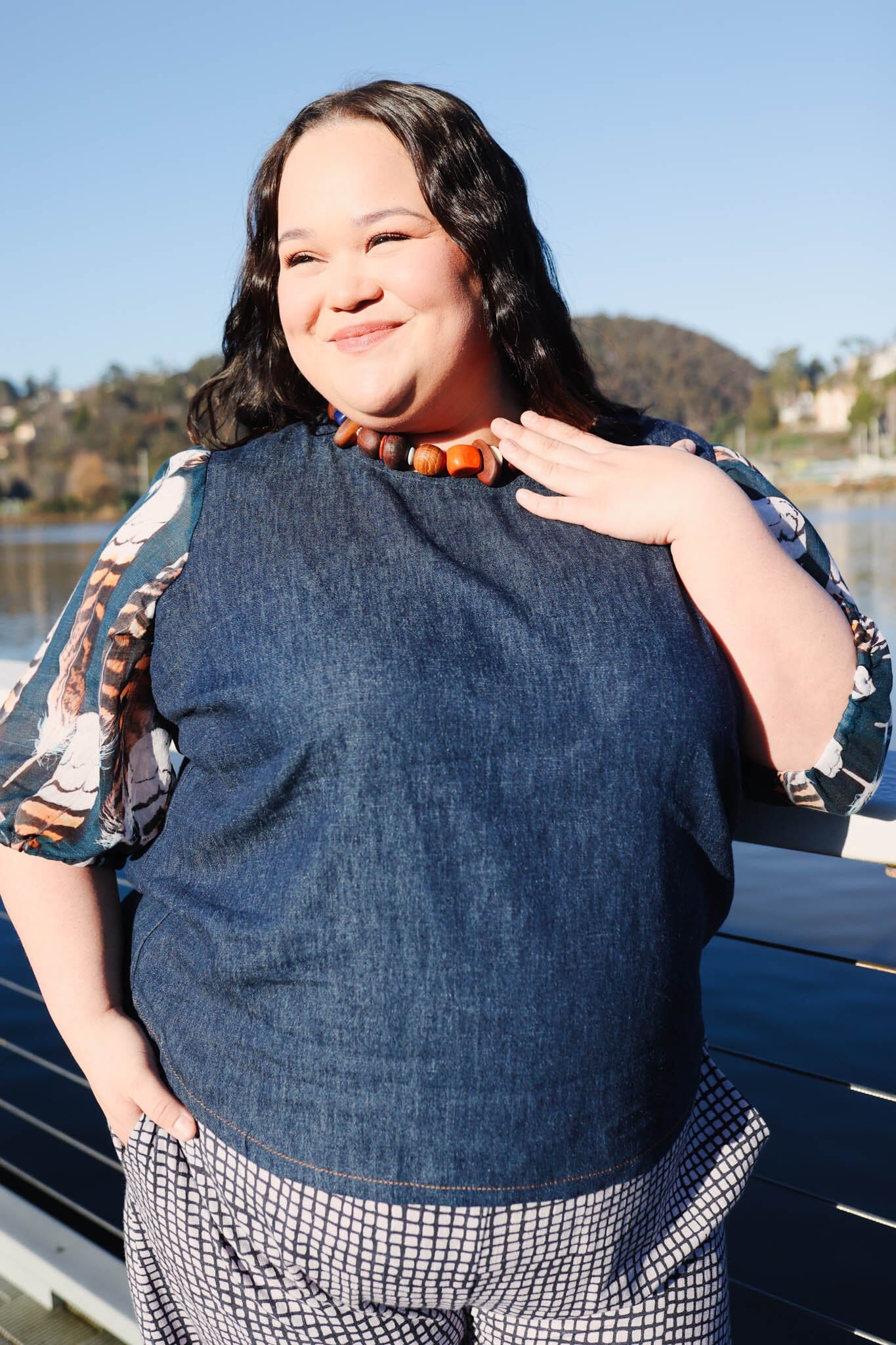 Lady Jane Bishops Sleeve Blouse - Denim & Voile top The Spotted Quoll 2XL 