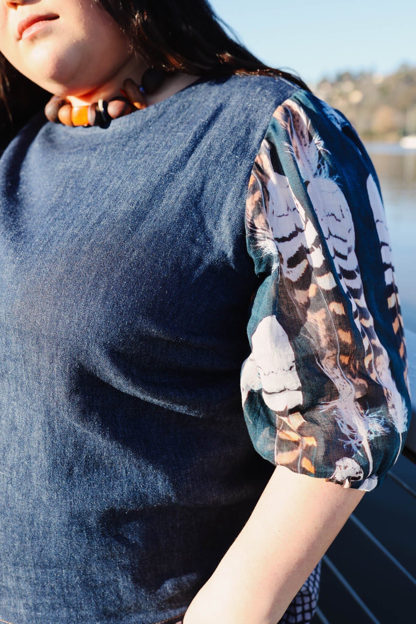 Lady Jane Bishops Sleeve Blouse - Denim & Voile top The Spotted Quoll 