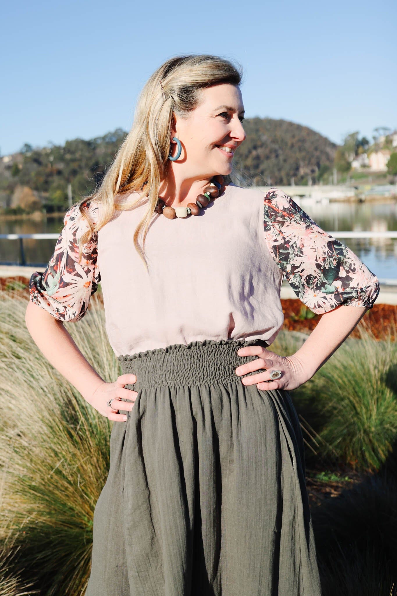 Frankie Shirred Skirt - Khaki Skirt The Spotted Quoll 