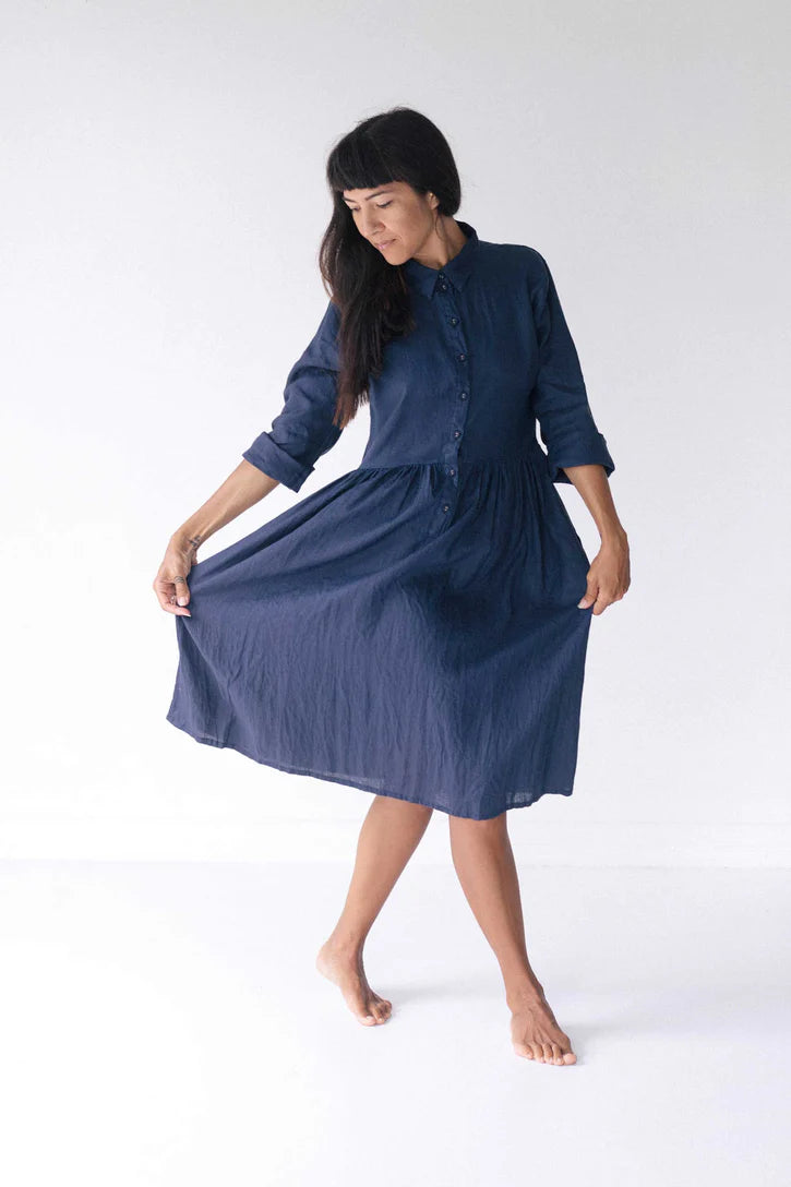 Becky Long Sleeve Linen Dress - Lazybones Australia Dress lazy bones Prussian Blue XS/S 