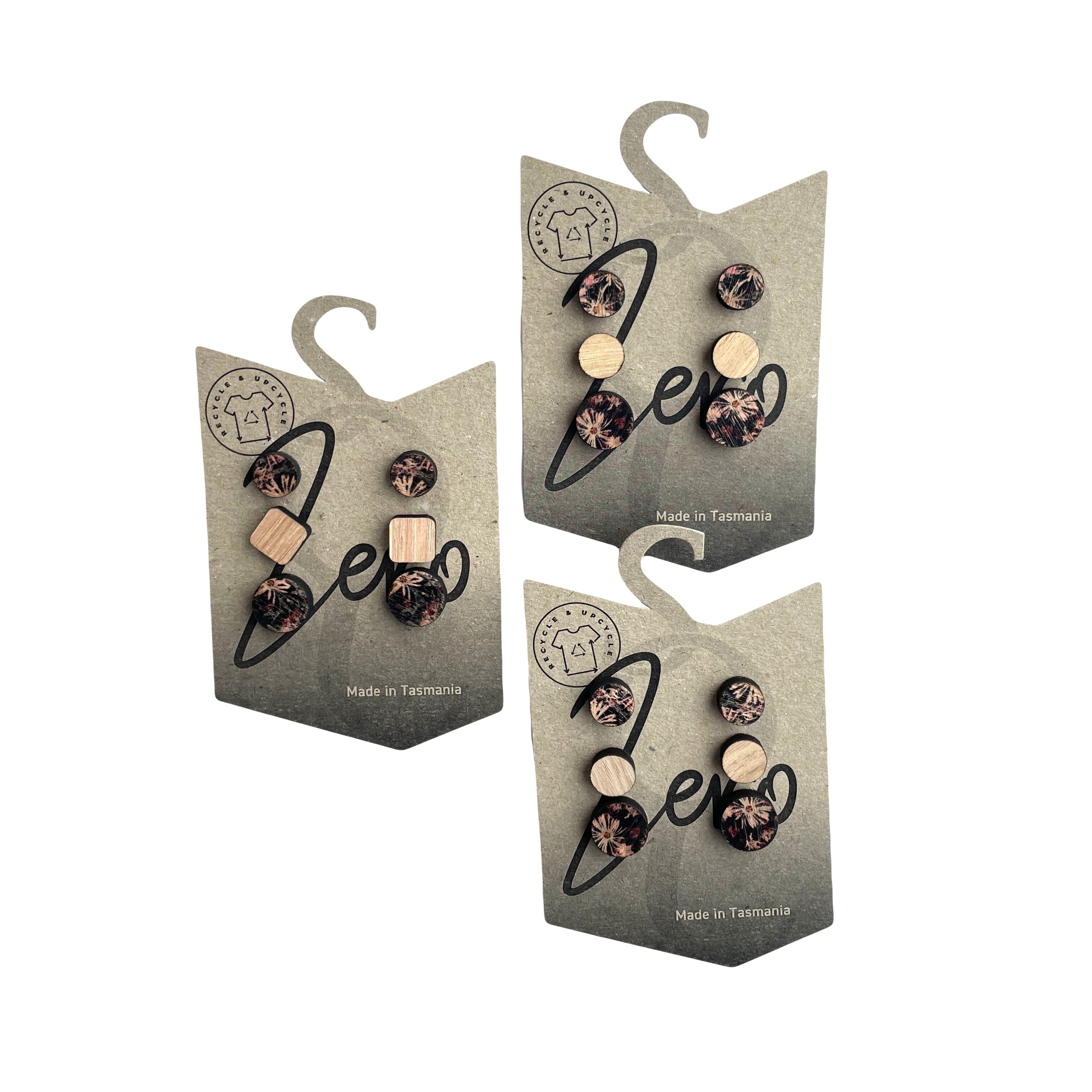 Stud Trio Pack - Zero Waste Australian Timber Earrings The Spotted Quoll Native Pigface 