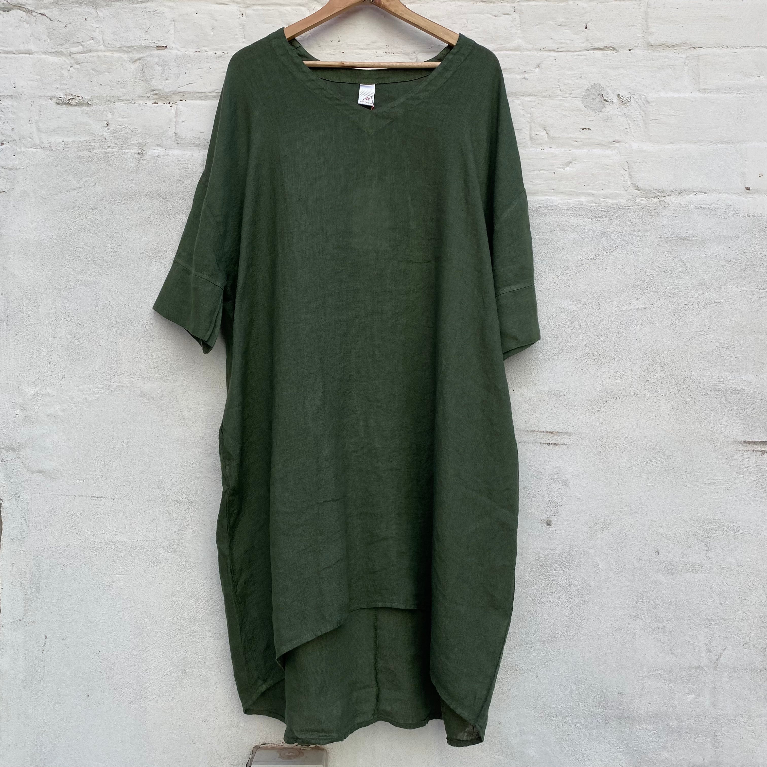 Montaigne Linen V Dress Dress Etika Forest Green 