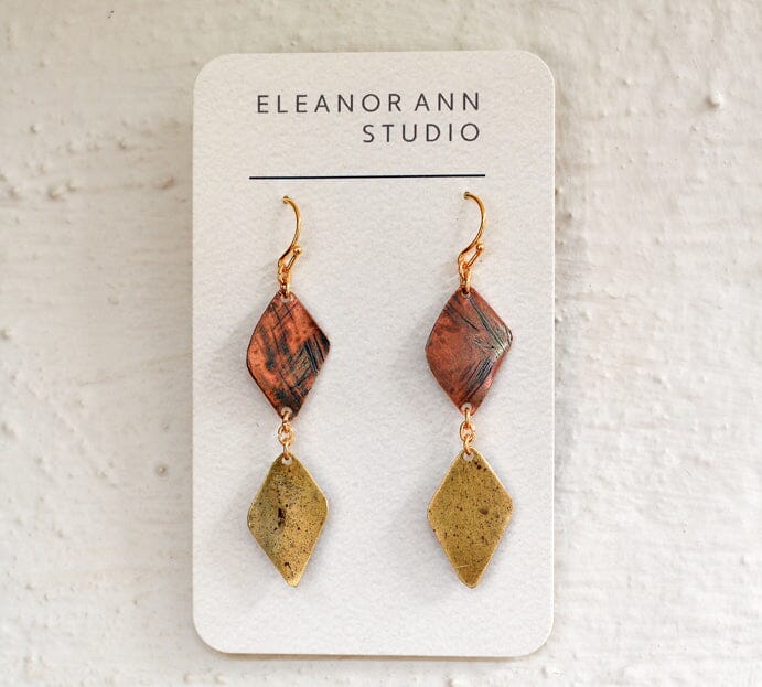 Recycled Copper & Brass Earrings - Eleanor Ann Earrings Eleanor Ann Long Diamond Brass Hooks 