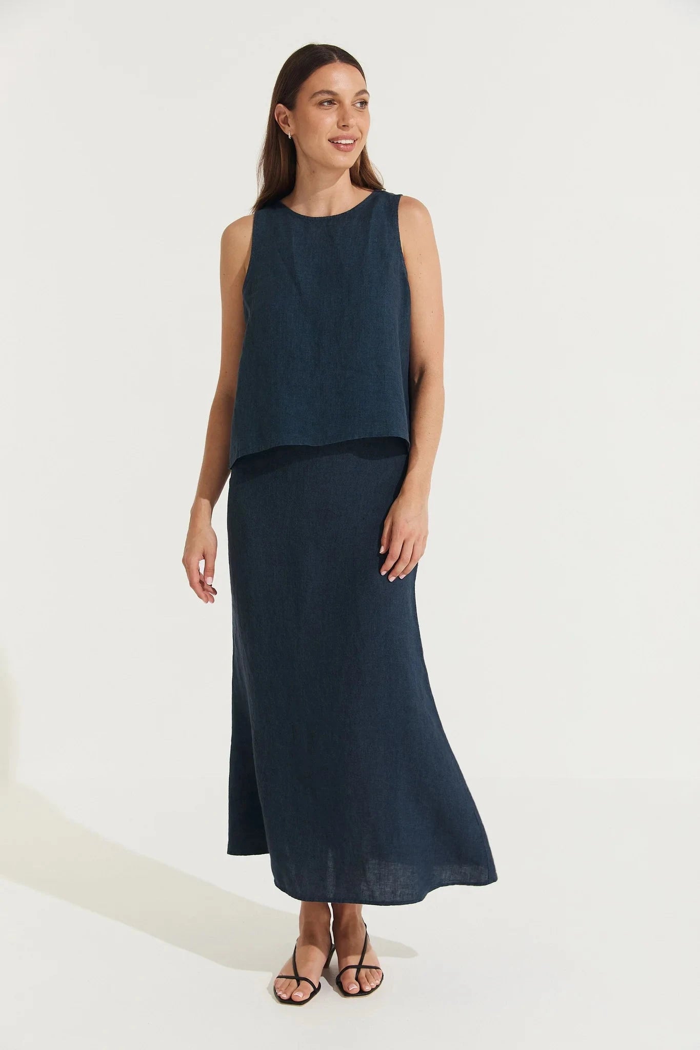 Ava Linen Cami Top in Tartan ladies top Etika S Marine Navy 