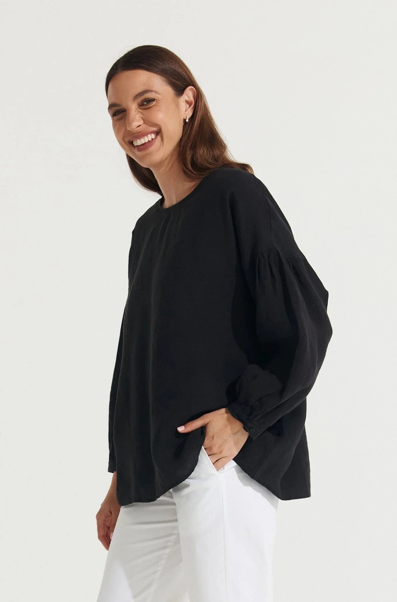 Montaigne Gina Linen Long Sleeve Top Shirts & Tops Etika Black S 