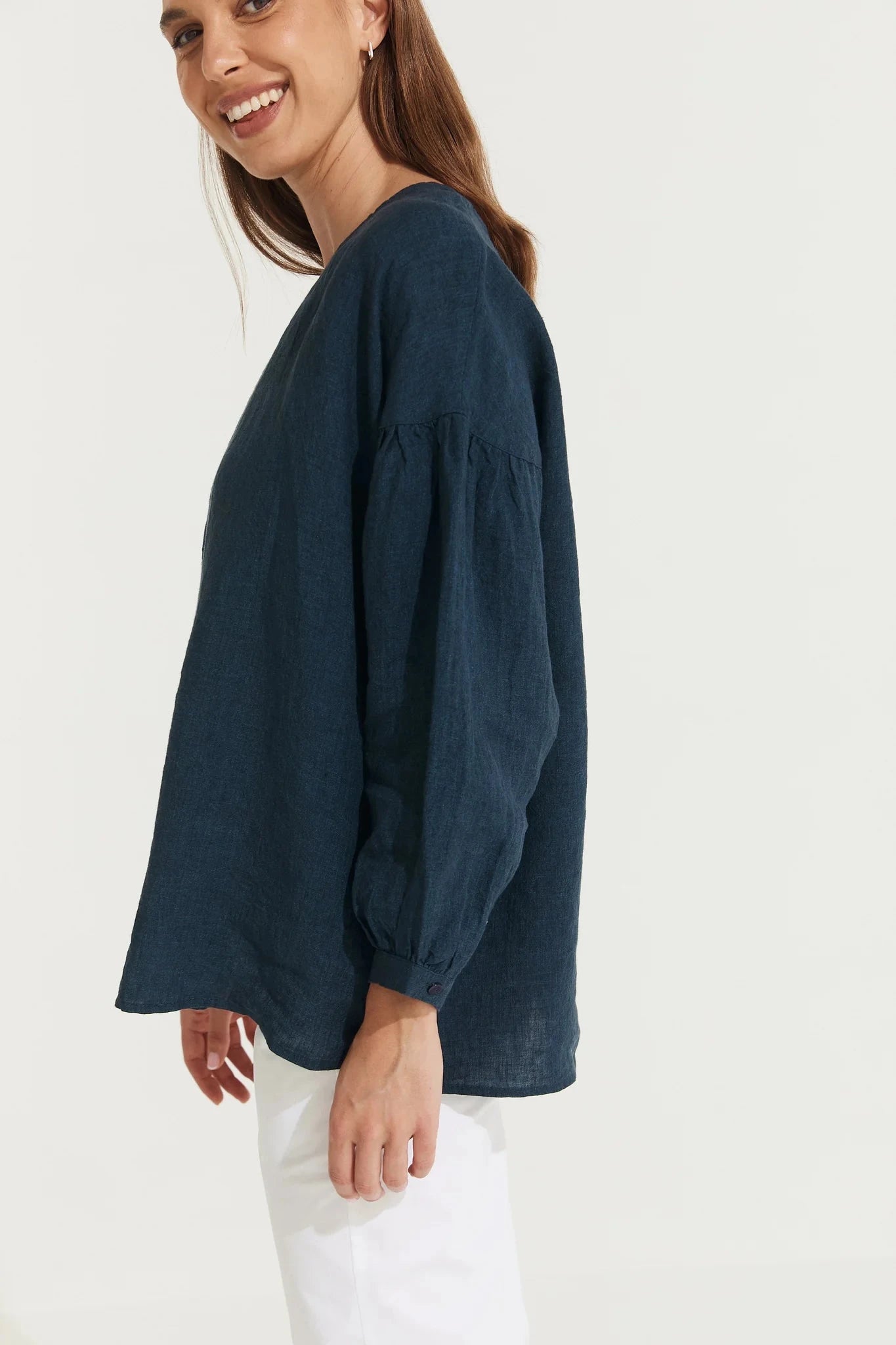 Montaigne Gina Linen Long Sleeve Top Shirts & Tops Etika French Navy S 