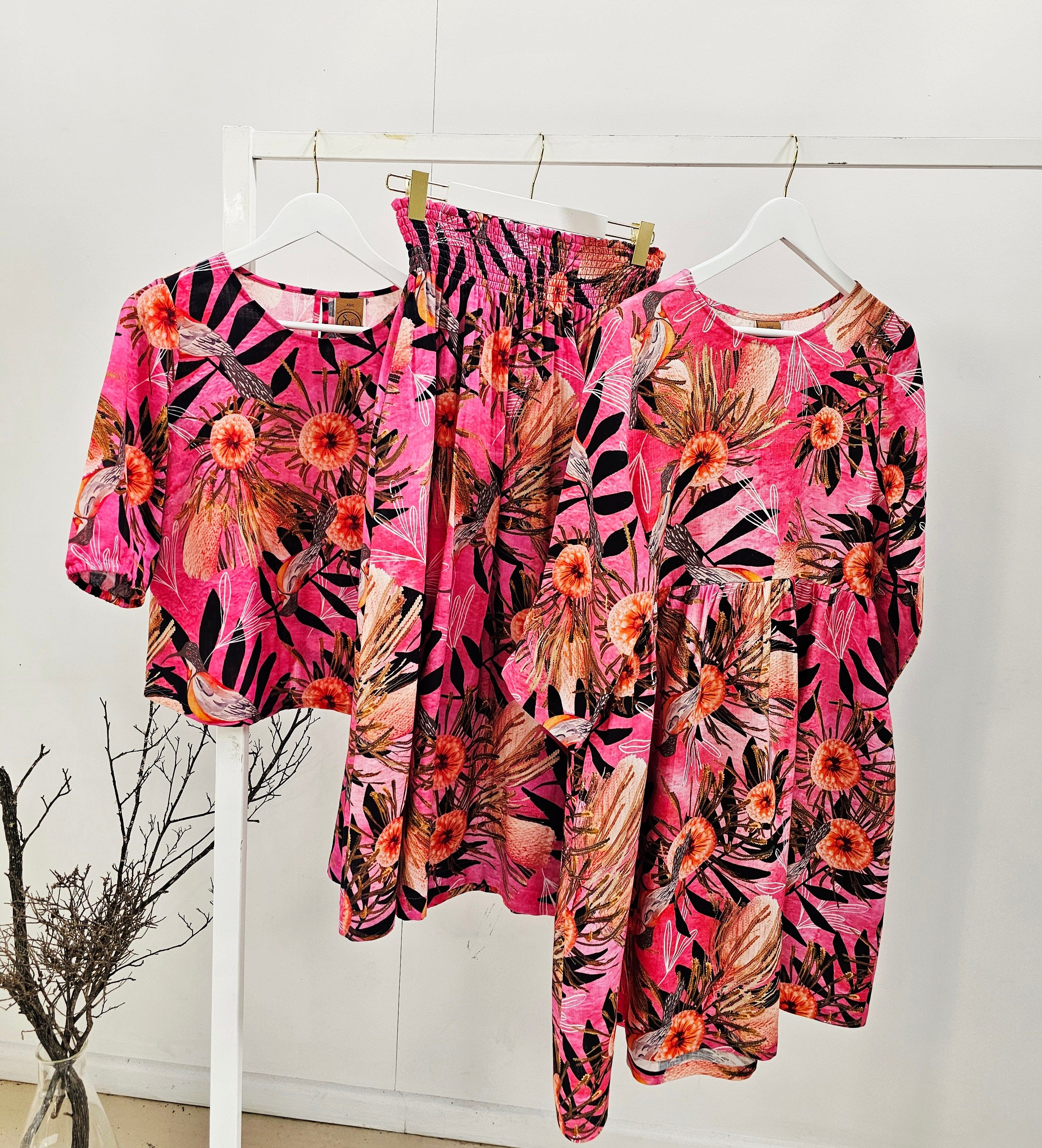 Peasant Dress Organic Pure Linen - Pink Summer Bouquet Dresses The Spotted Quoll 