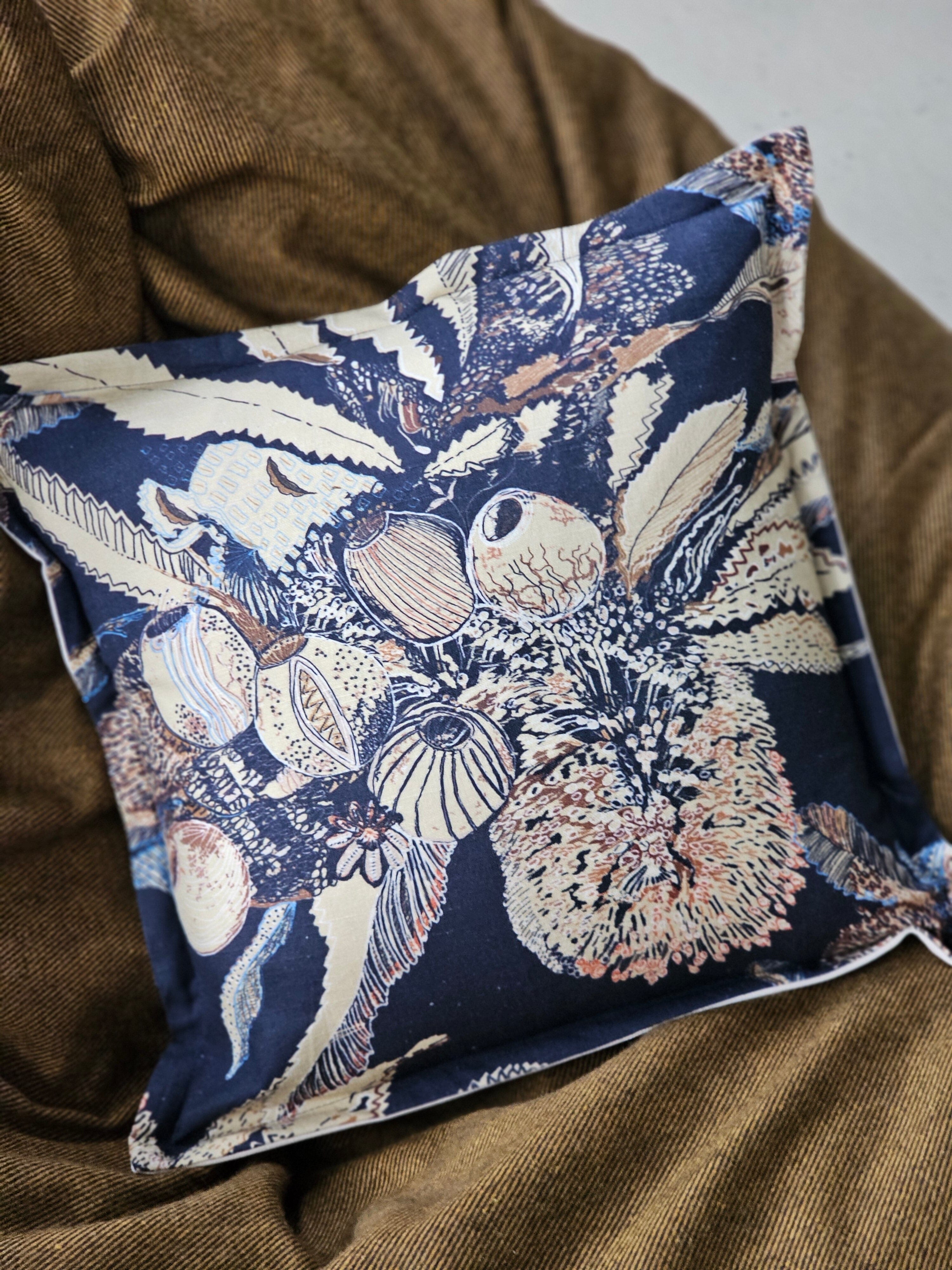 Organic Linen/Hemp Cushion - Tawny Sawtooth Banksia Cushions The Spotted Quoll 