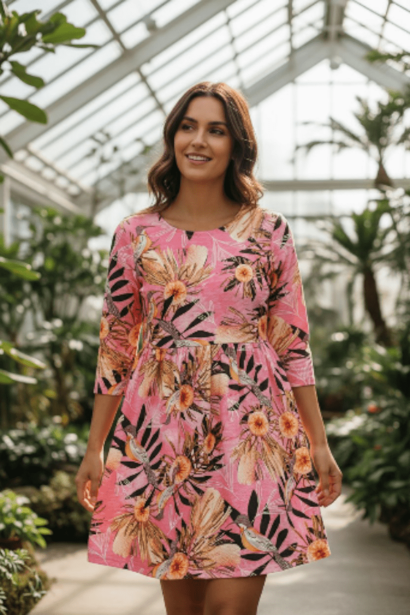 Peasant Dress Organic Pure Linen - Pink Summer Bouquet Dresses The Spotted Quoll 