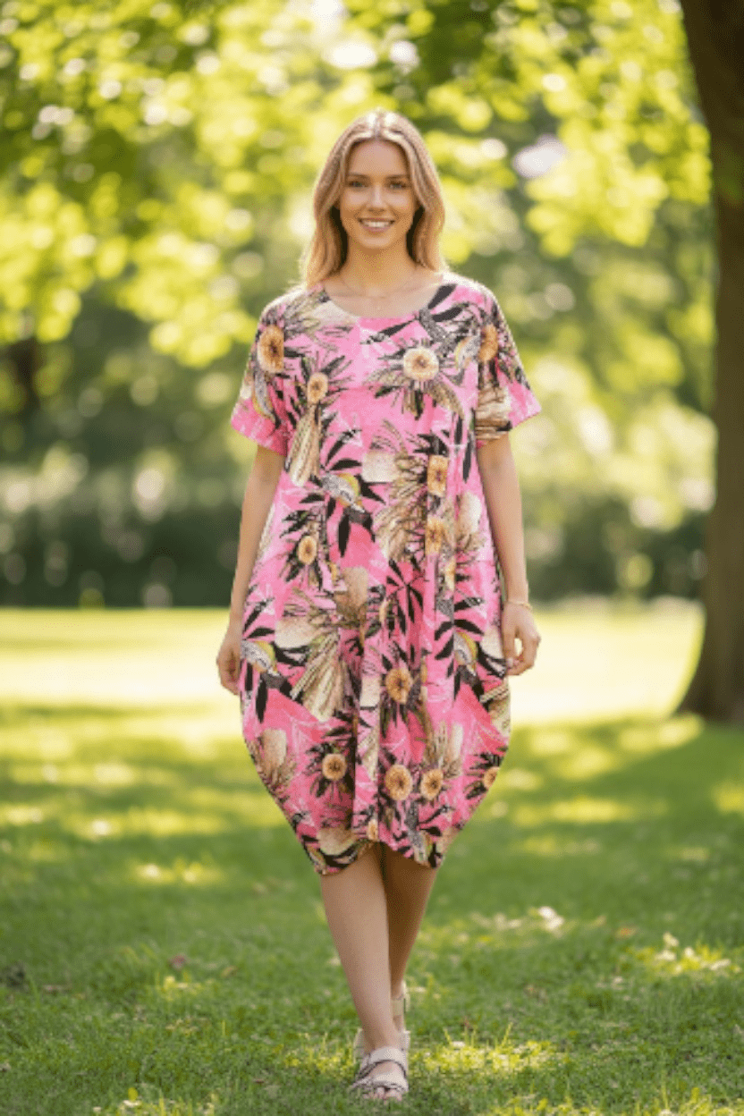 Cocoon Dress Organic Cotton DM - Pink Summer Bouquet Dress The Spotted Quoll 