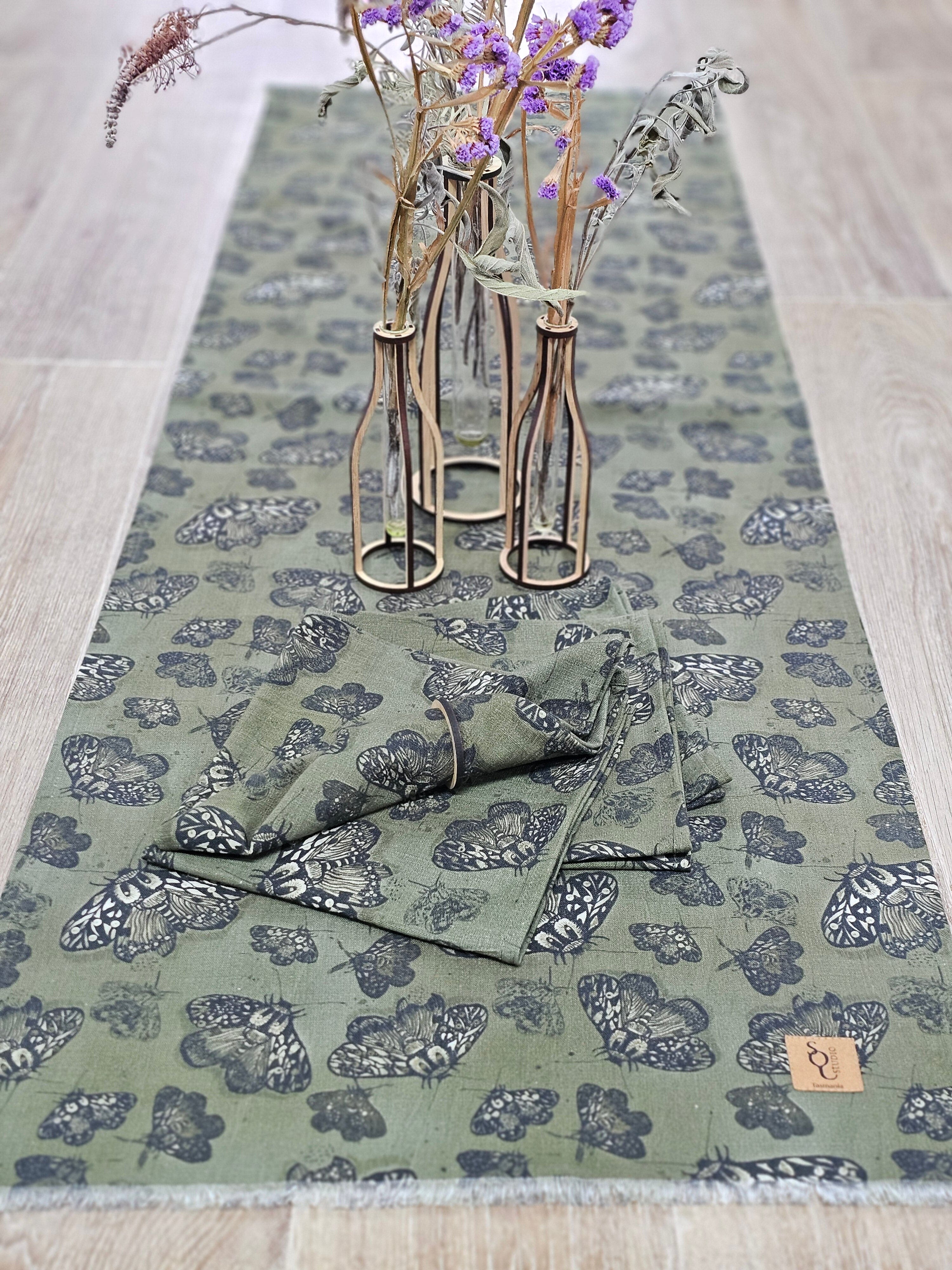 Organic Linen Table Runner - Moss Moth table runners The Spotted Quoll 