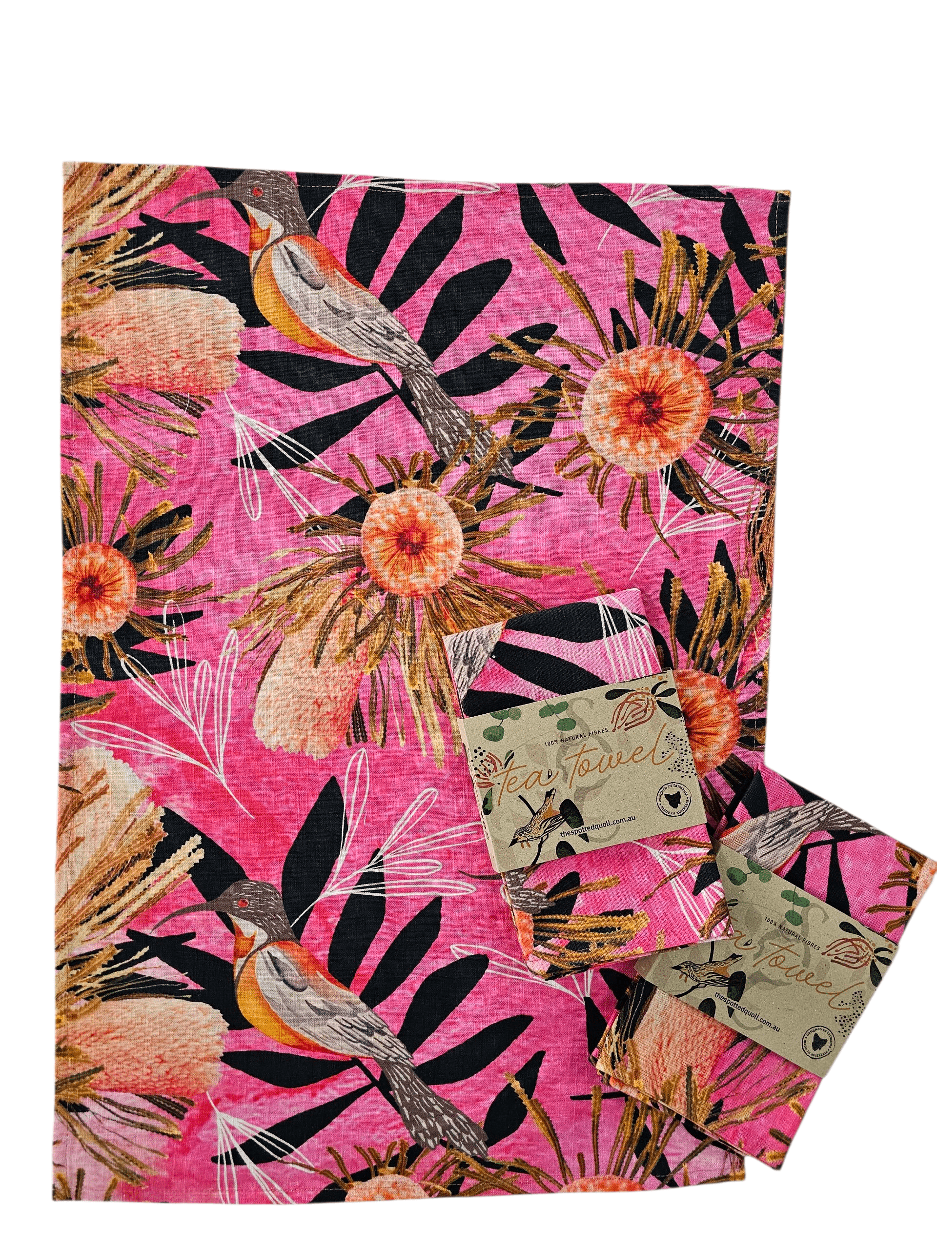 Organic Linen Hemp Tea Towel - Pink Summer Bouquet Tea Towel The Spotted Quoll 