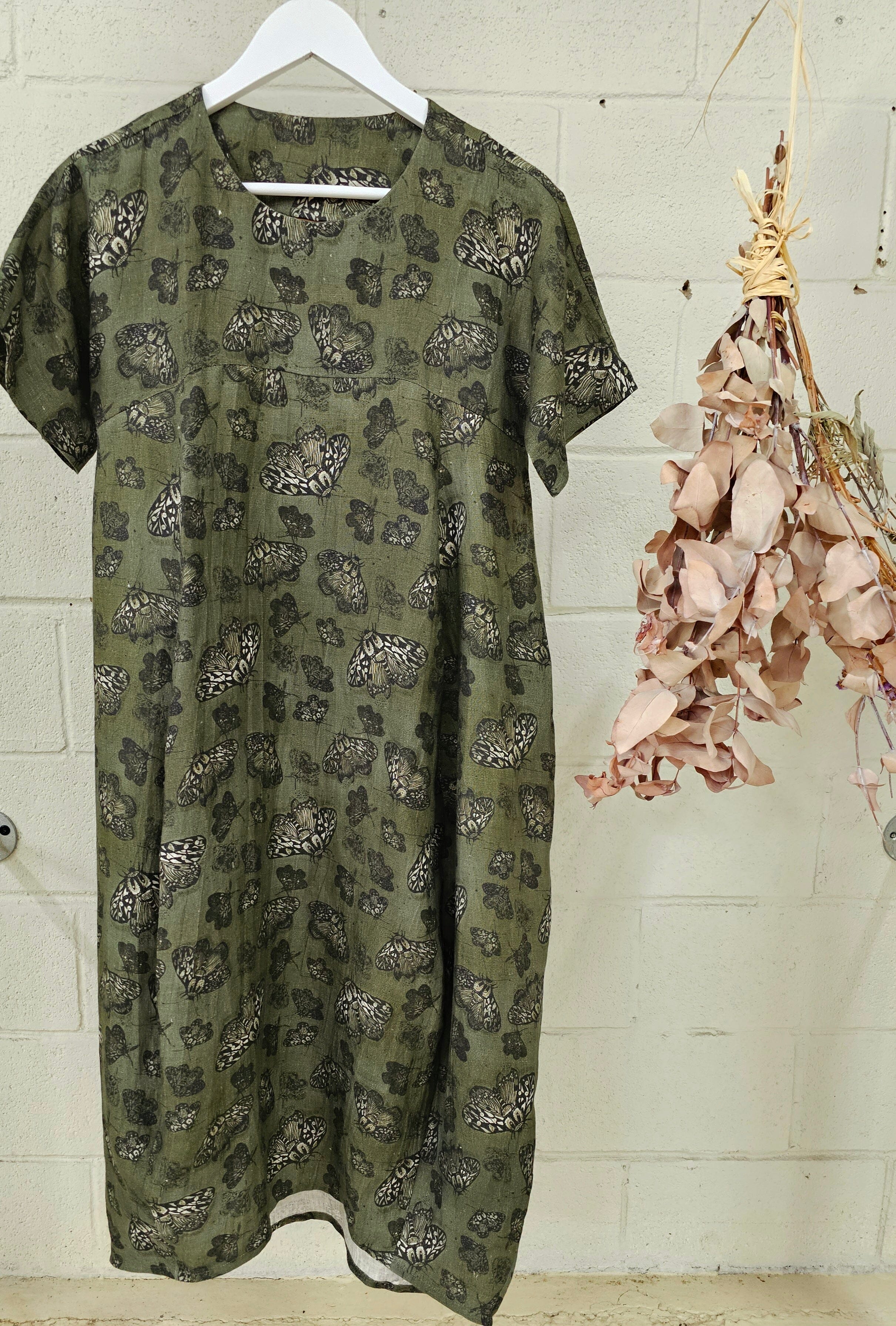 Organic Linen Cocoon Dress - Moss Moth Dress The Spotted Quoll 