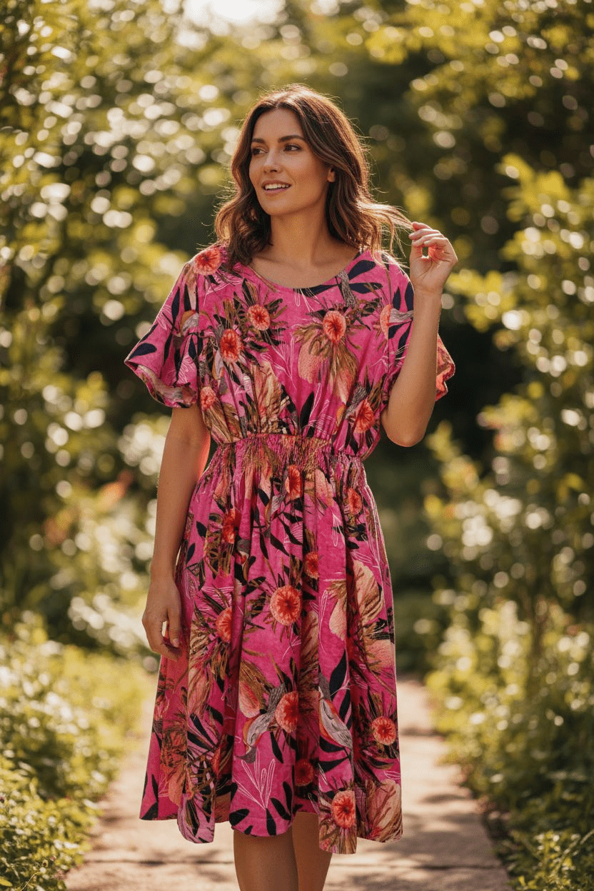 French Girl Sundress Organic Cotton - Pink Summer Bouquet Dress The Spotted Quoll 