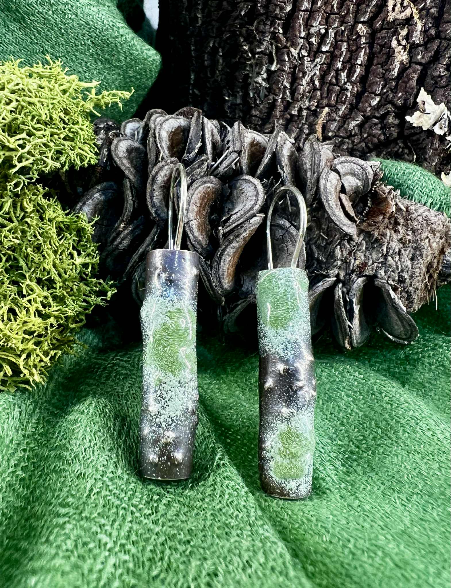 Forest Lichen Silver Earrings - Hulley Jewellery Earrings Hulley Jewellery Silver & Green Forest Lichen Drop Medium 