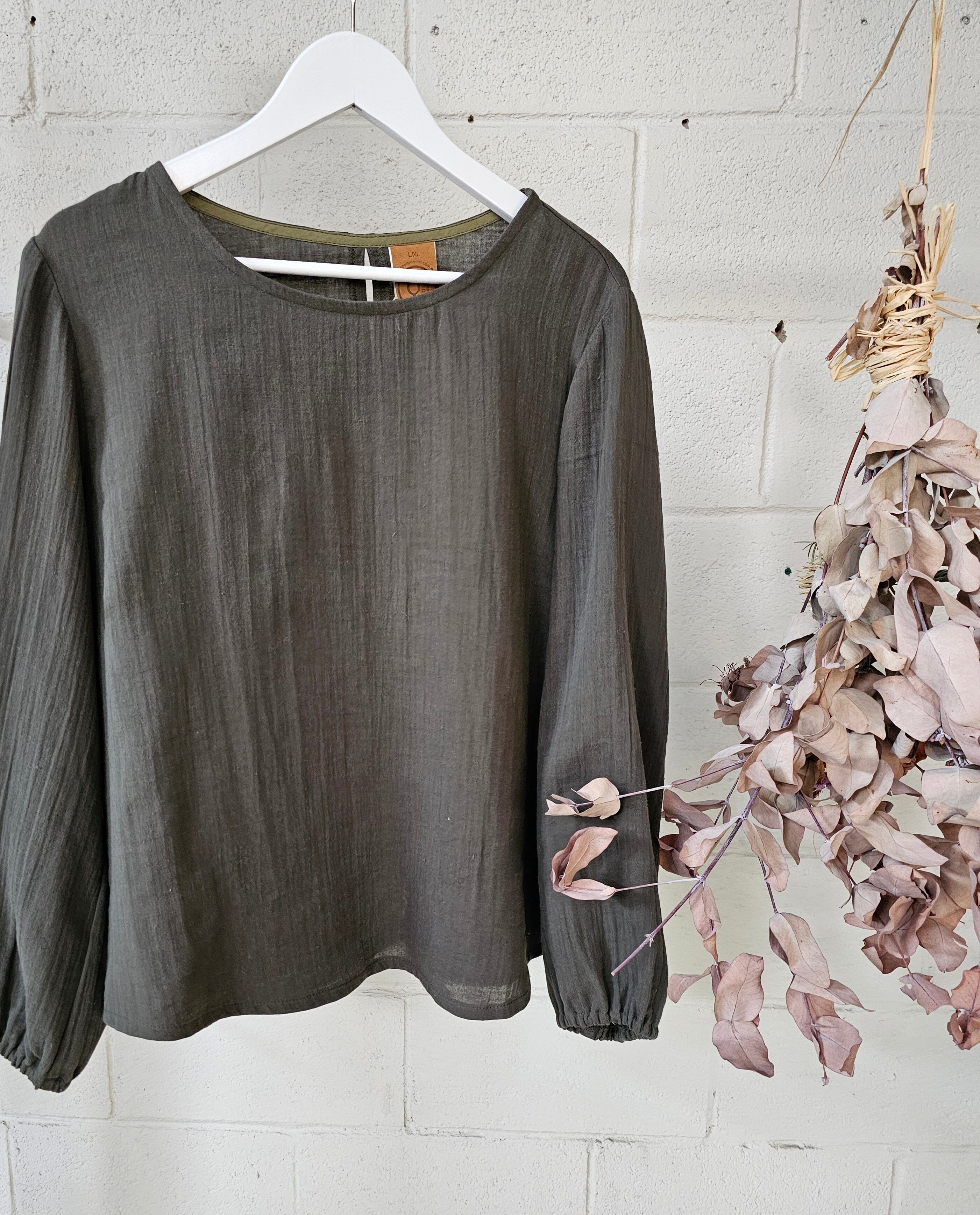 Lady Jane Long Sleeve Blouse - Khaki top The Spotted Quoll 