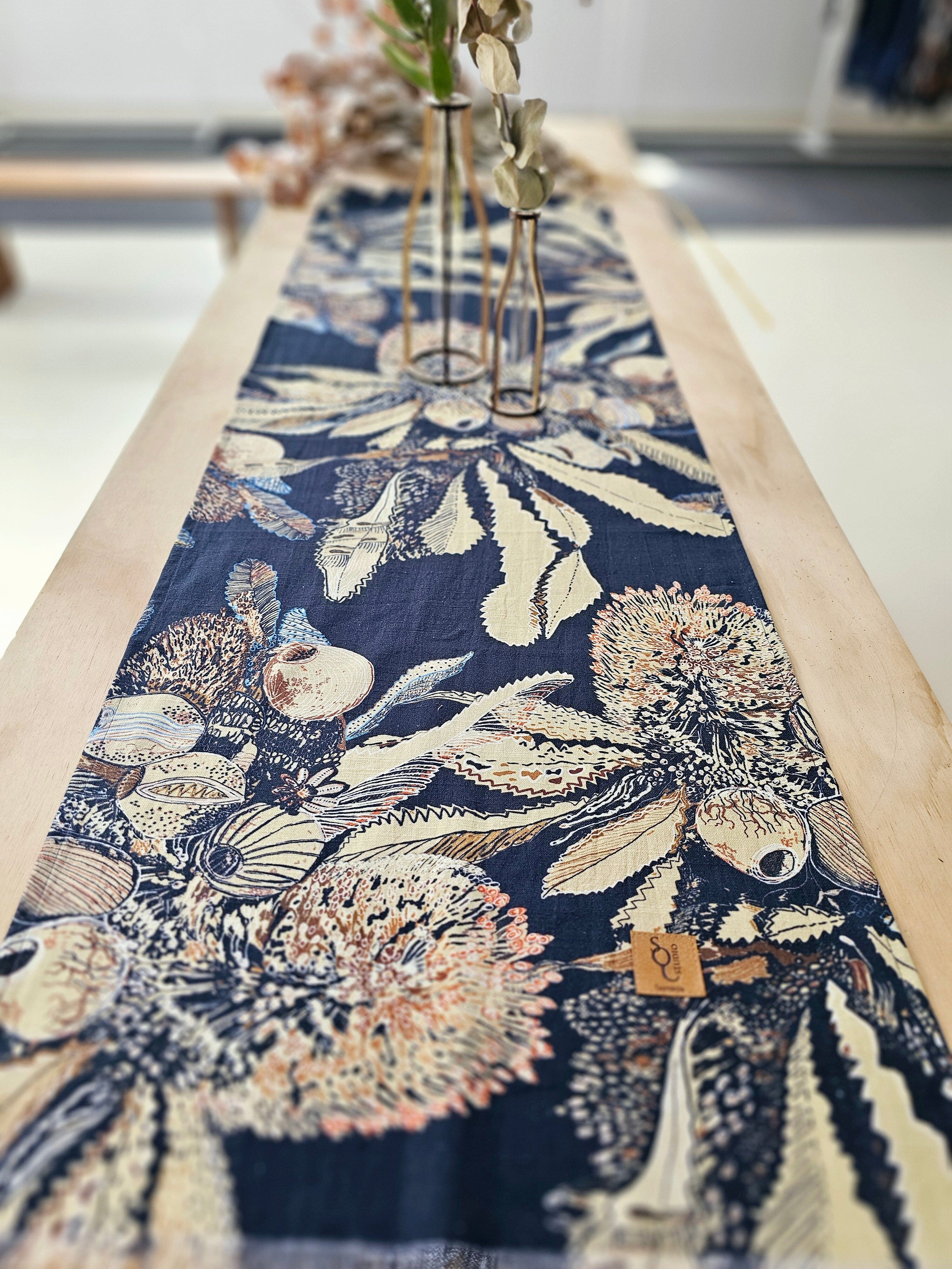 Printed Organic Linen Table Runner - Tawny Sawtooth Banksia table runners The Spotted Quoll 