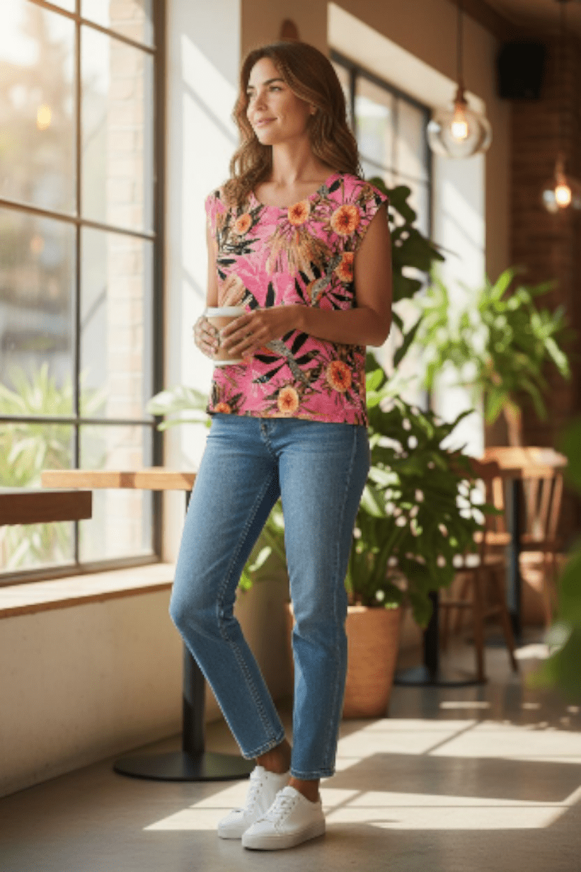 Pure Linen Mini Pleat Top - Pink Summer Bouquet Shirts & Tops The Spotted Quoll 