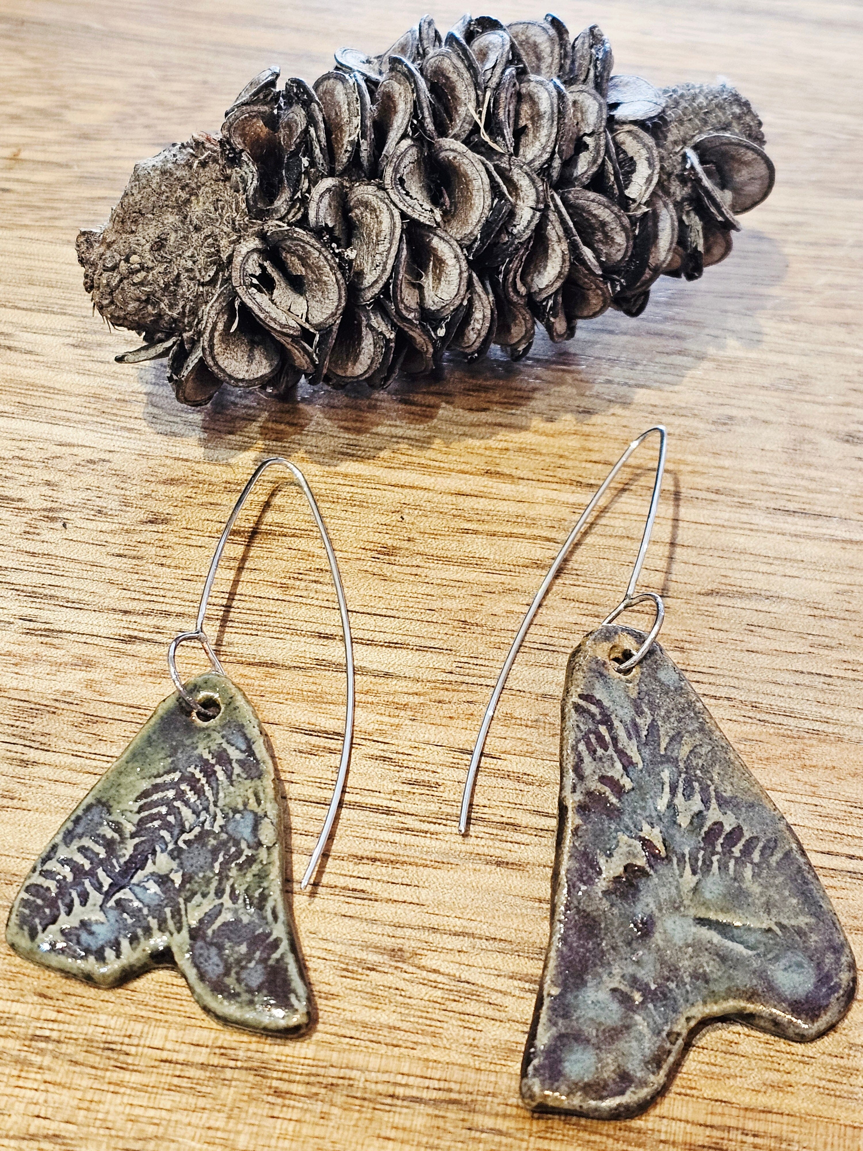Ceramic & Silver Jewellery - Forest Floor Earrings Jillian Jak & Meek Mud Fern Asymmetrical Drops 