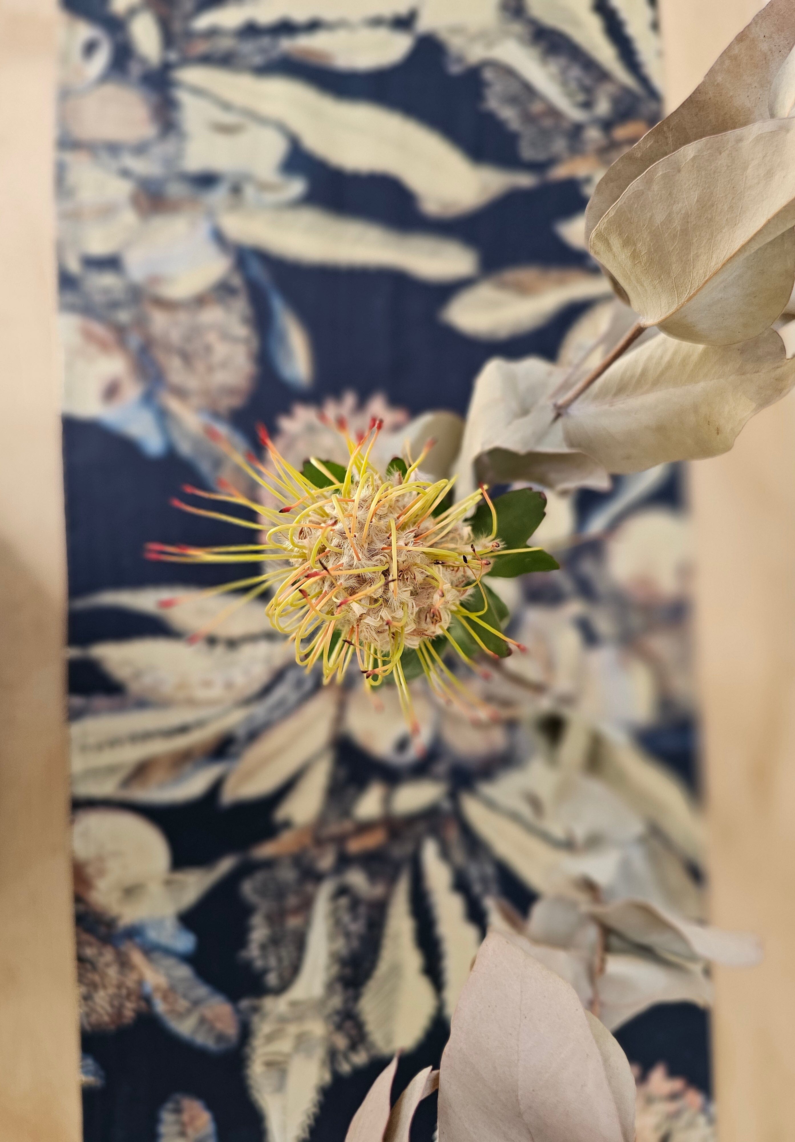 Printed Organic Linen Table Runner - Tawny Sawtooth Banksia table runners The Spotted Quoll 