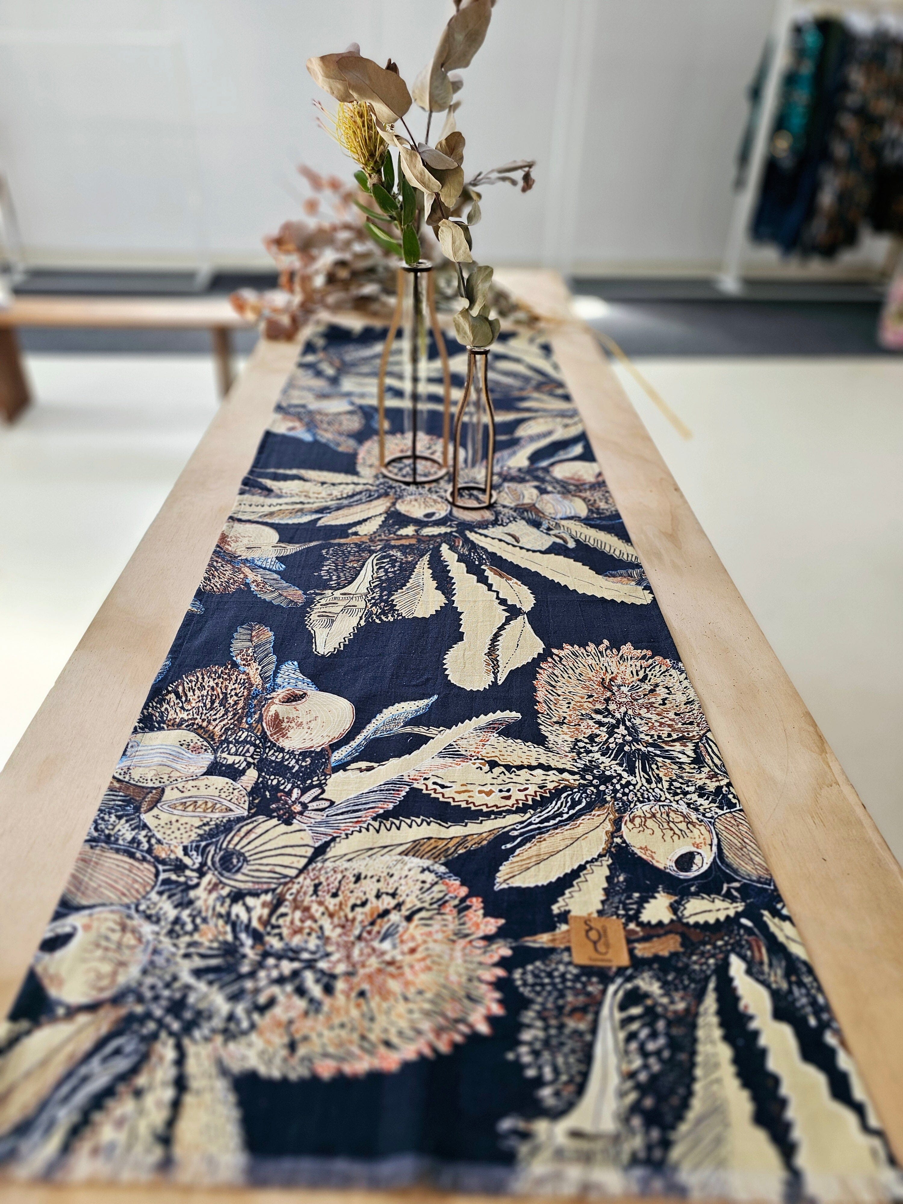 Printed Organic Linen Table Runner - Tawny Sawtooth Banksia table runners The Spotted Quoll 