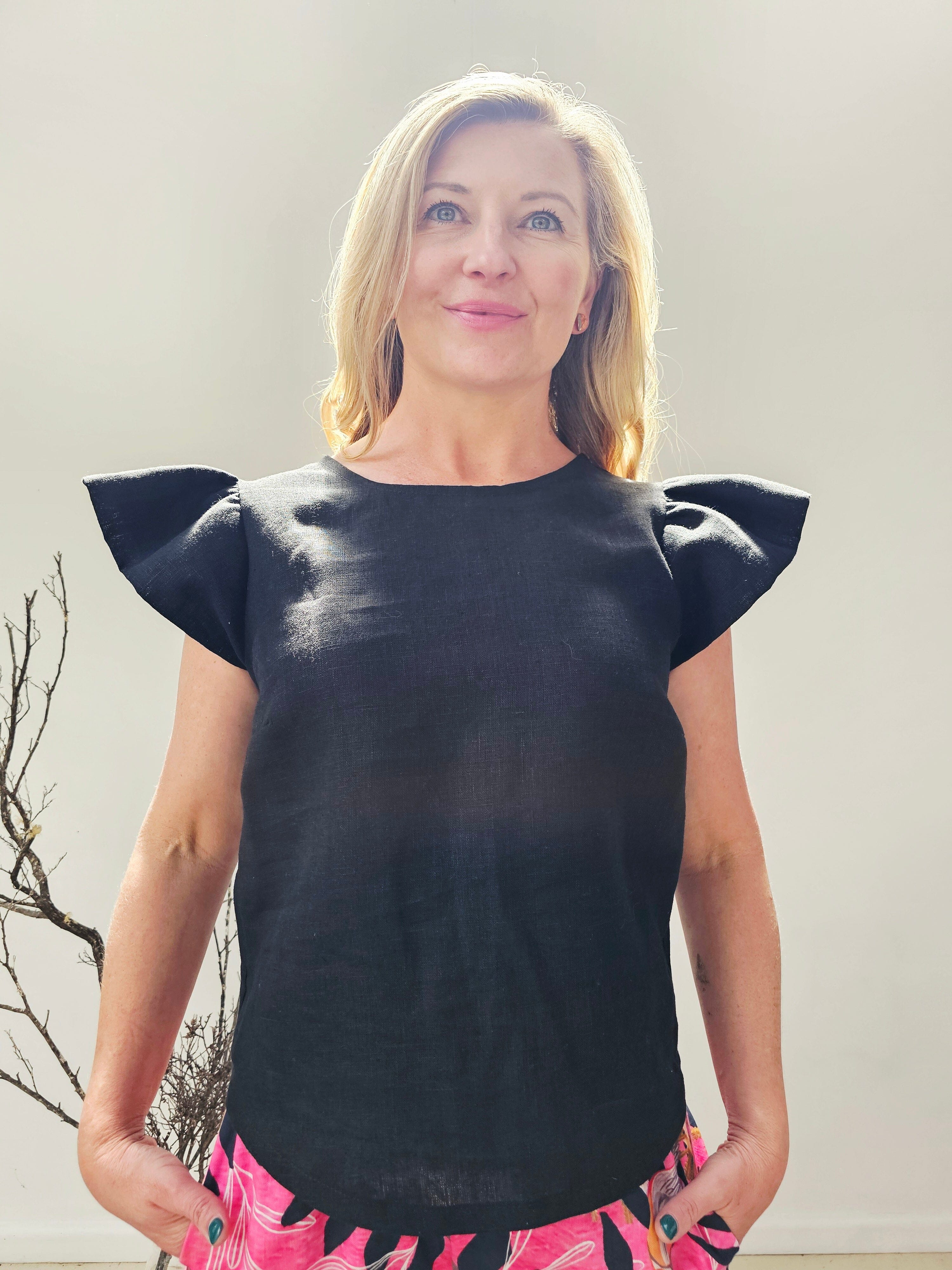 Flutter Top - Black Organic Linen top The Spotted Quoll 