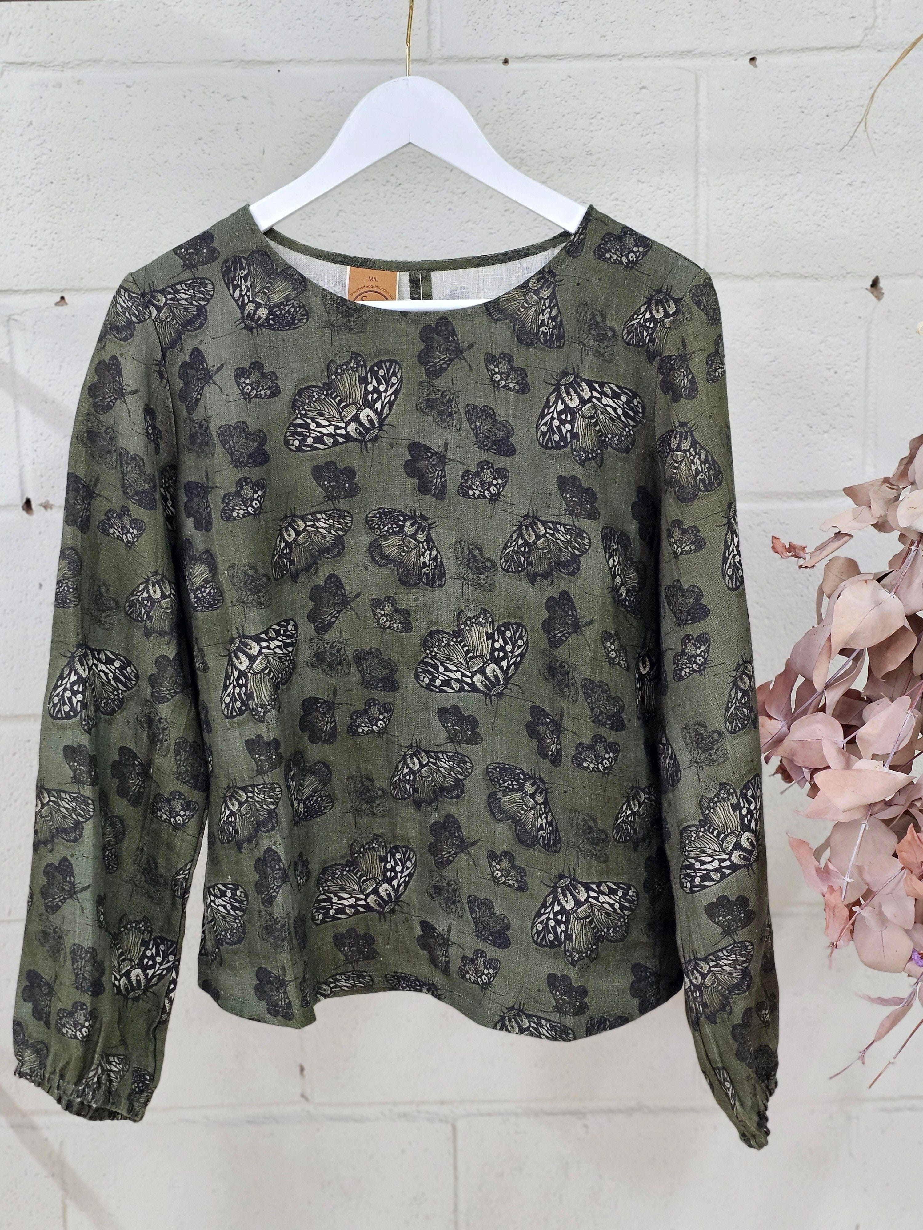 Lady Jane Organic Pure Linen Blouse - Moss Moth top The Spotted Quoll 