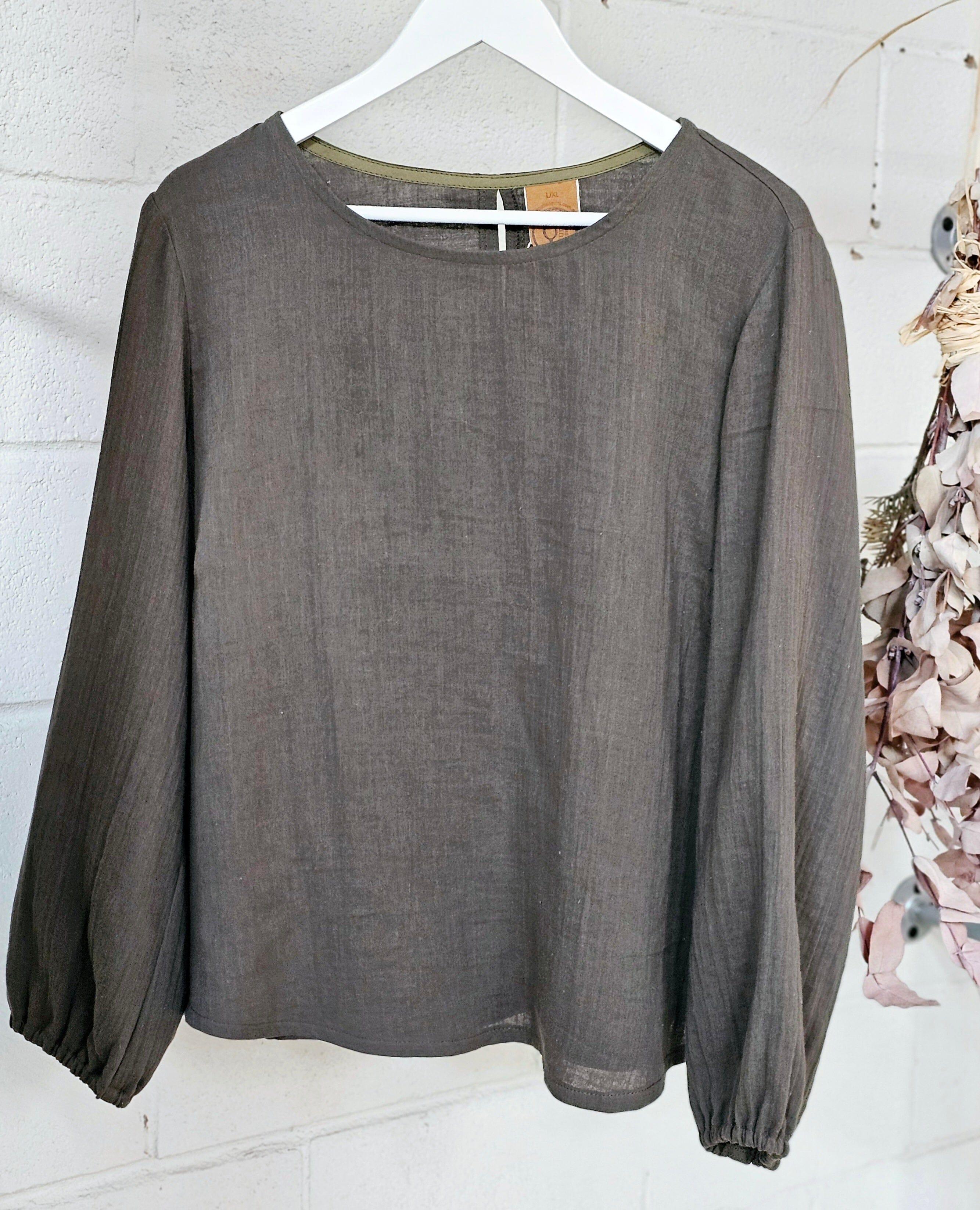 Lady Jane Long Sleeve Blouse - Khaki top The Spotted Quoll 