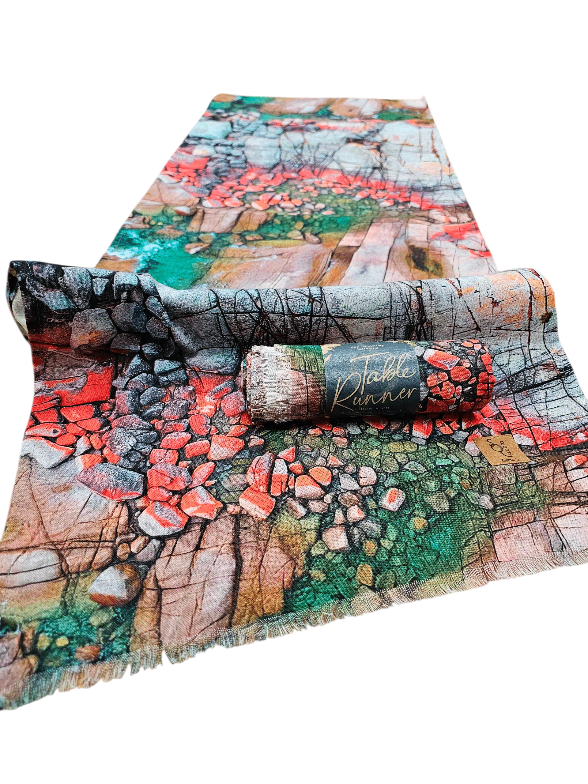 Printed Organic Linen Table Runner - Aerial Bay of Fires table runners The Spotted Quoll 