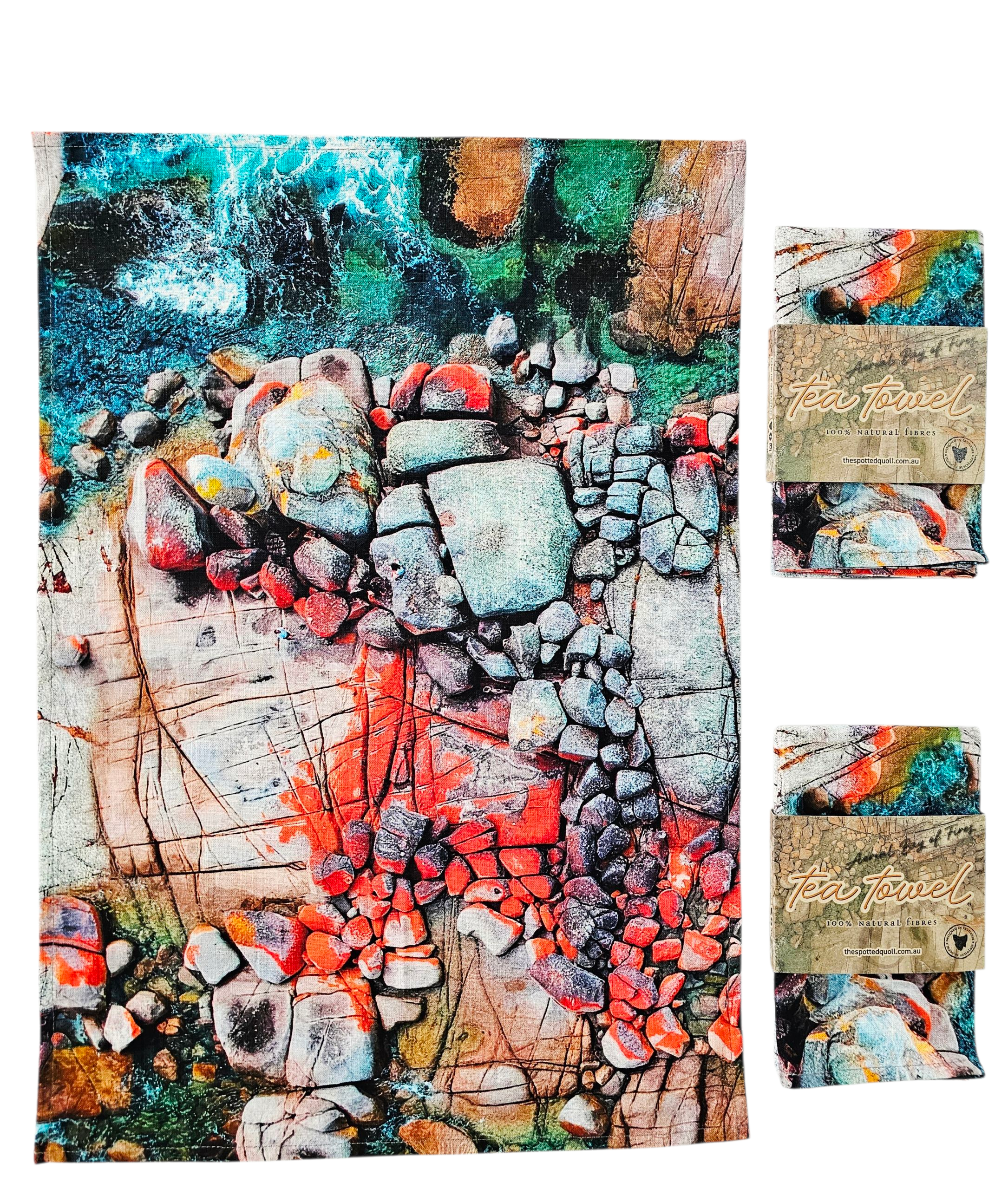 Organic Linen Hemp Tea Towel - Aerial Bay of Fires Tea Towel The Spotted Quoll 