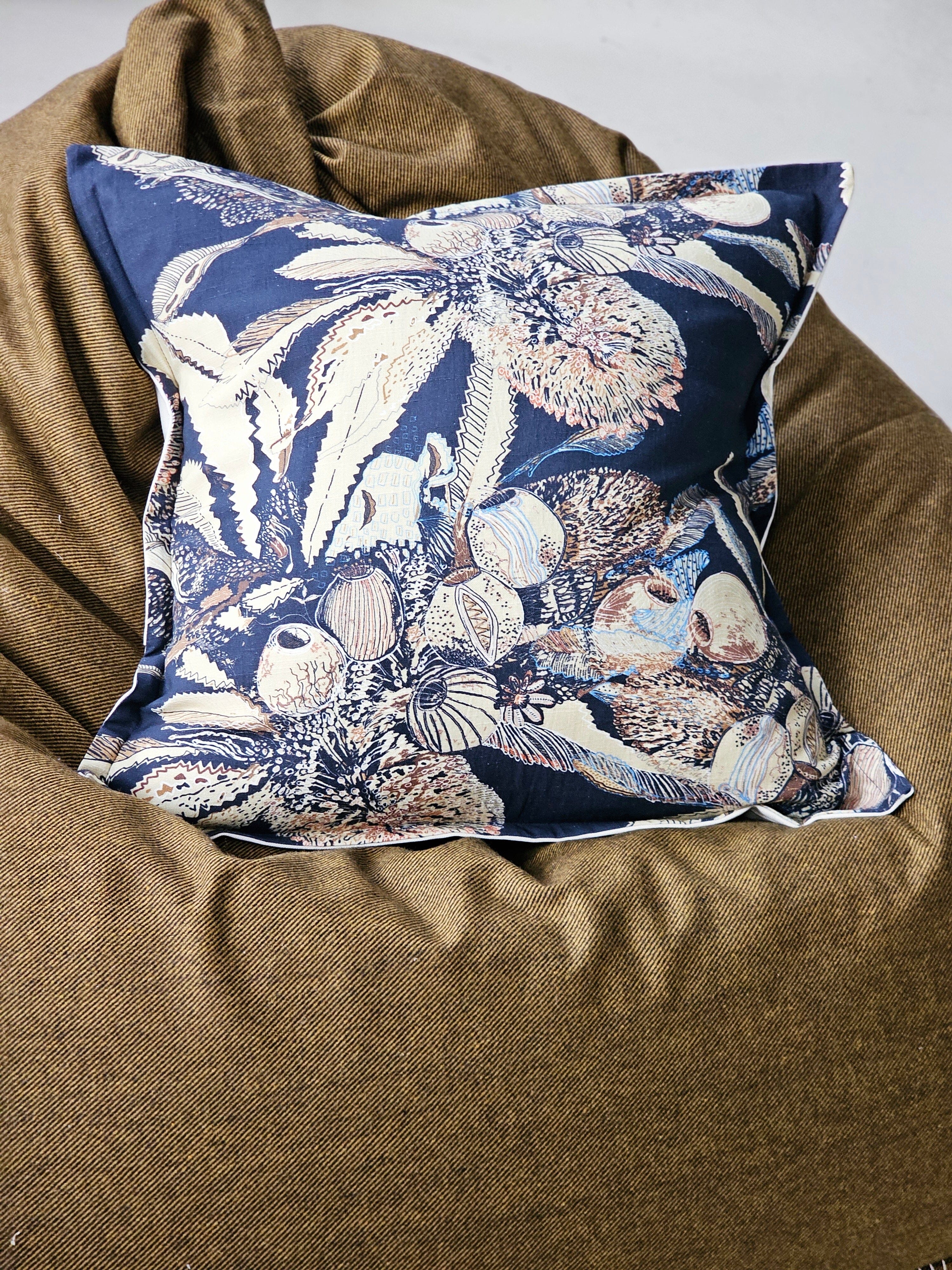 Organic Linen/Hemp Cushion - Tawny Sawtooth Banksia Cushions The Spotted Quoll 