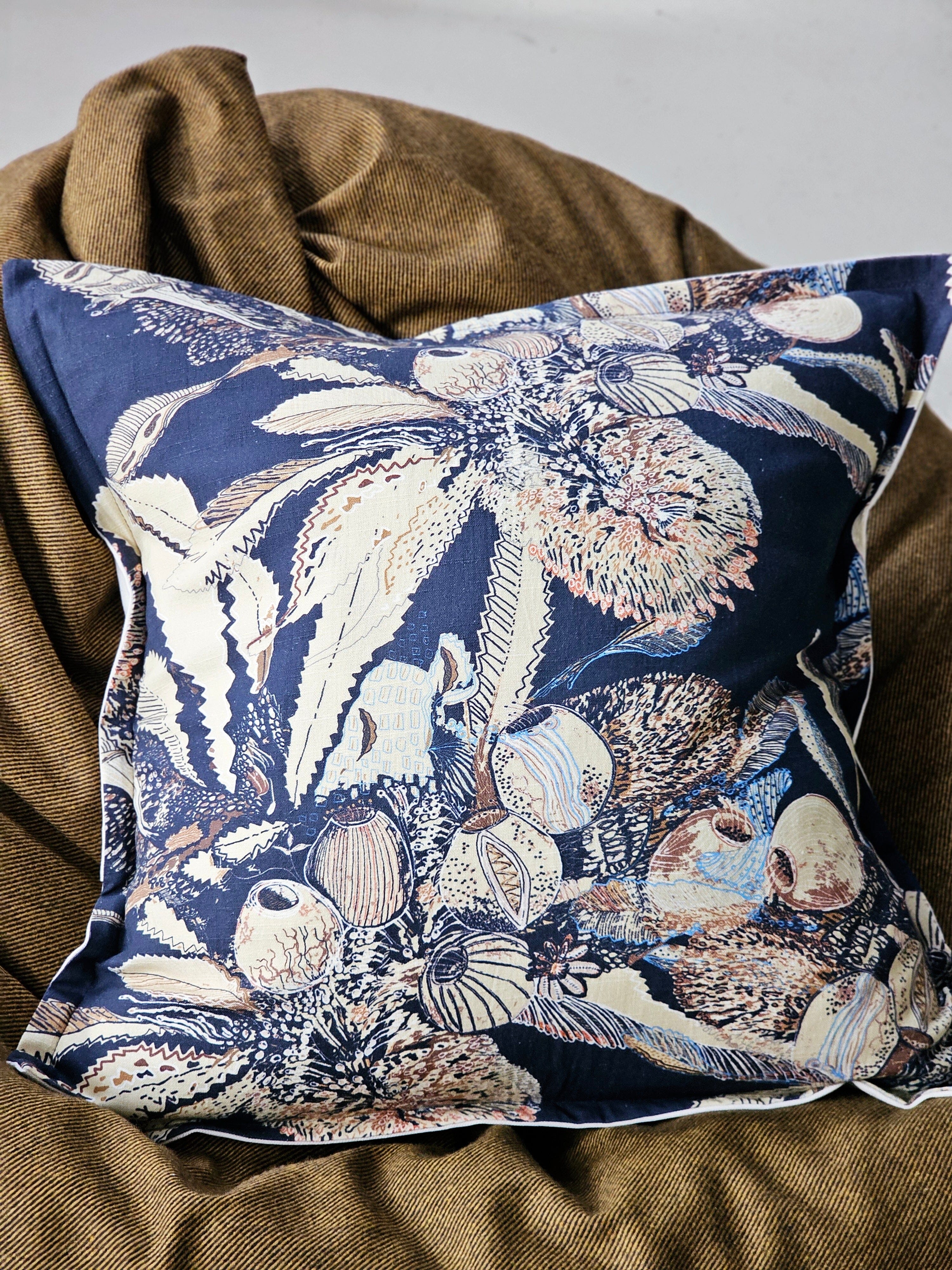 Organic Linen/Hemp Cushion - Tawny Sawtooth Banksia Cushions The Spotted Quoll 