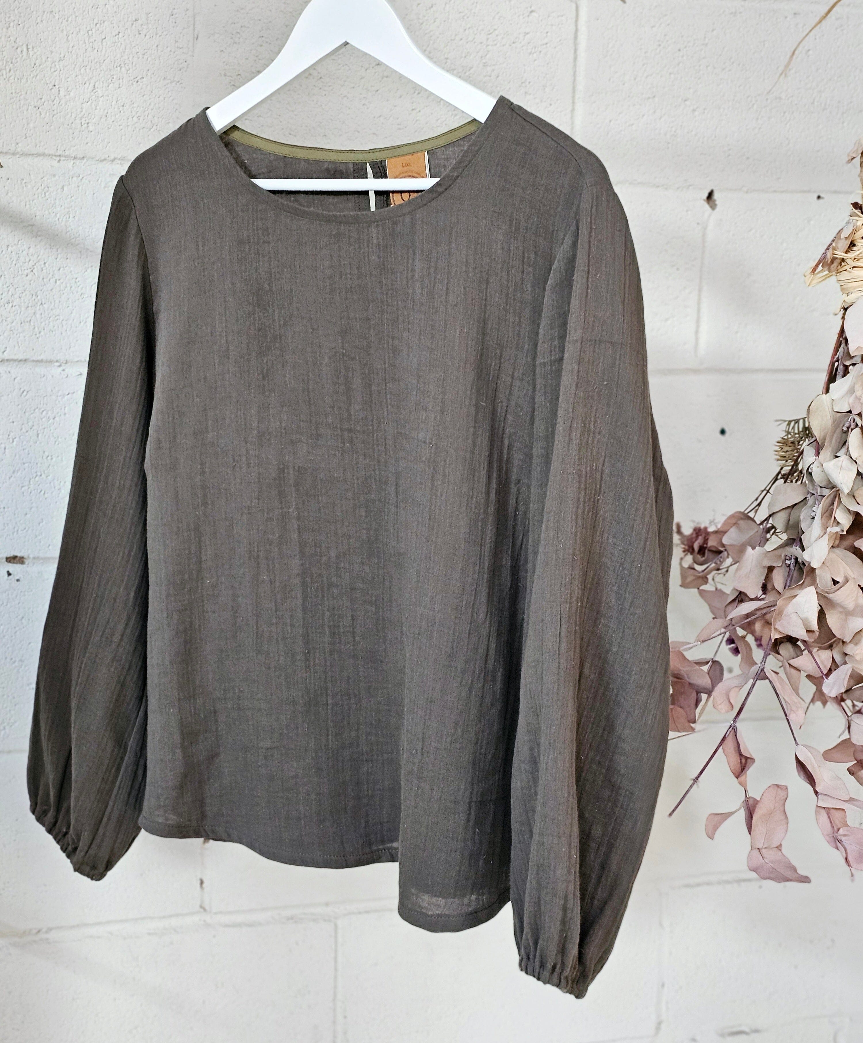 Lady Jane Long Sleeve Blouse - Khaki top The Spotted Quoll 