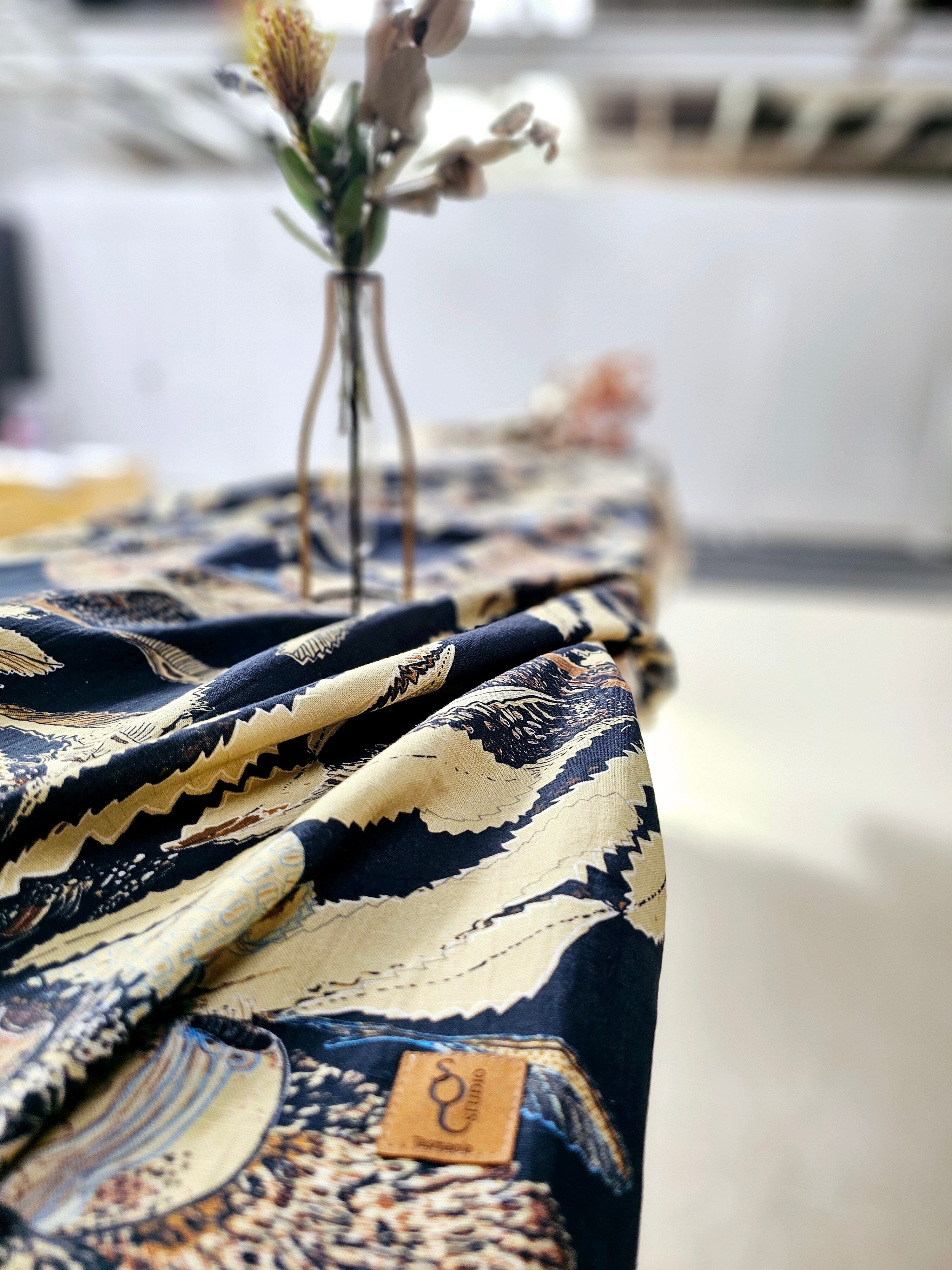 Organic Linen Table Cloth - Tawny Sawtooth Banksia table cloth The Spotted Quoll 