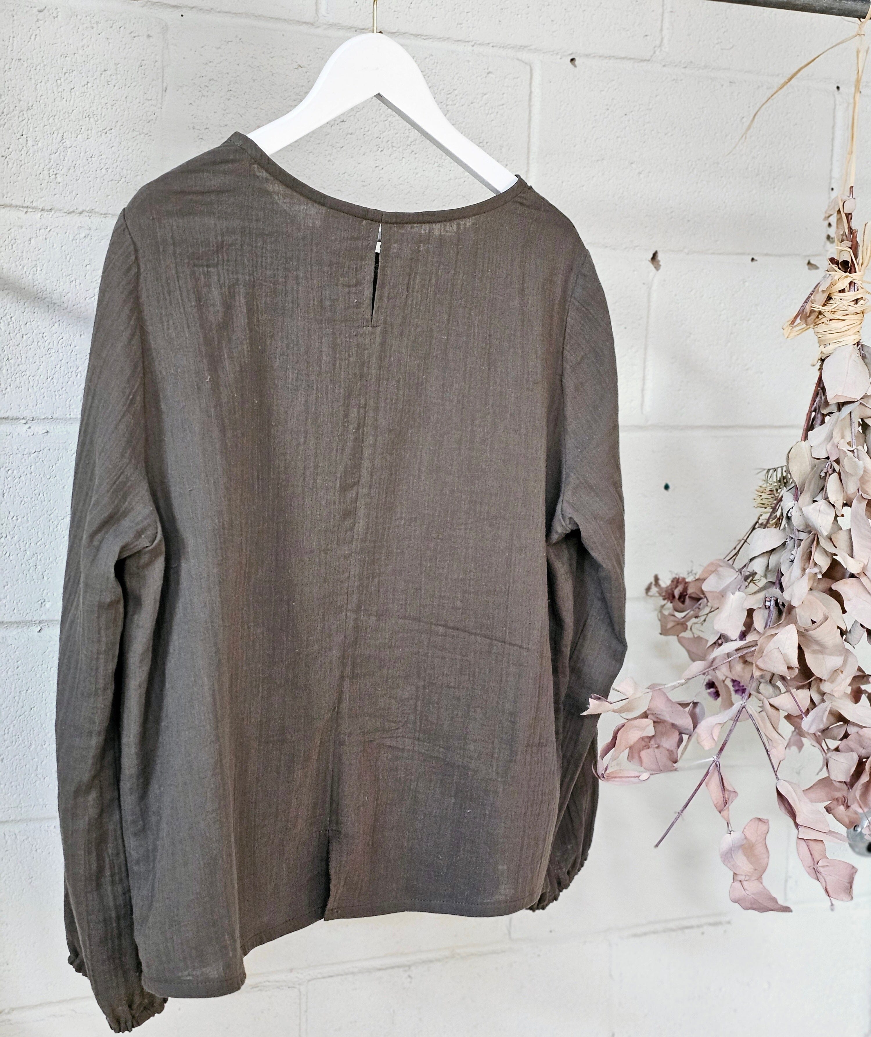 Lady Jane Long Sleeve Blouse - Khaki top The Spotted Quoll 