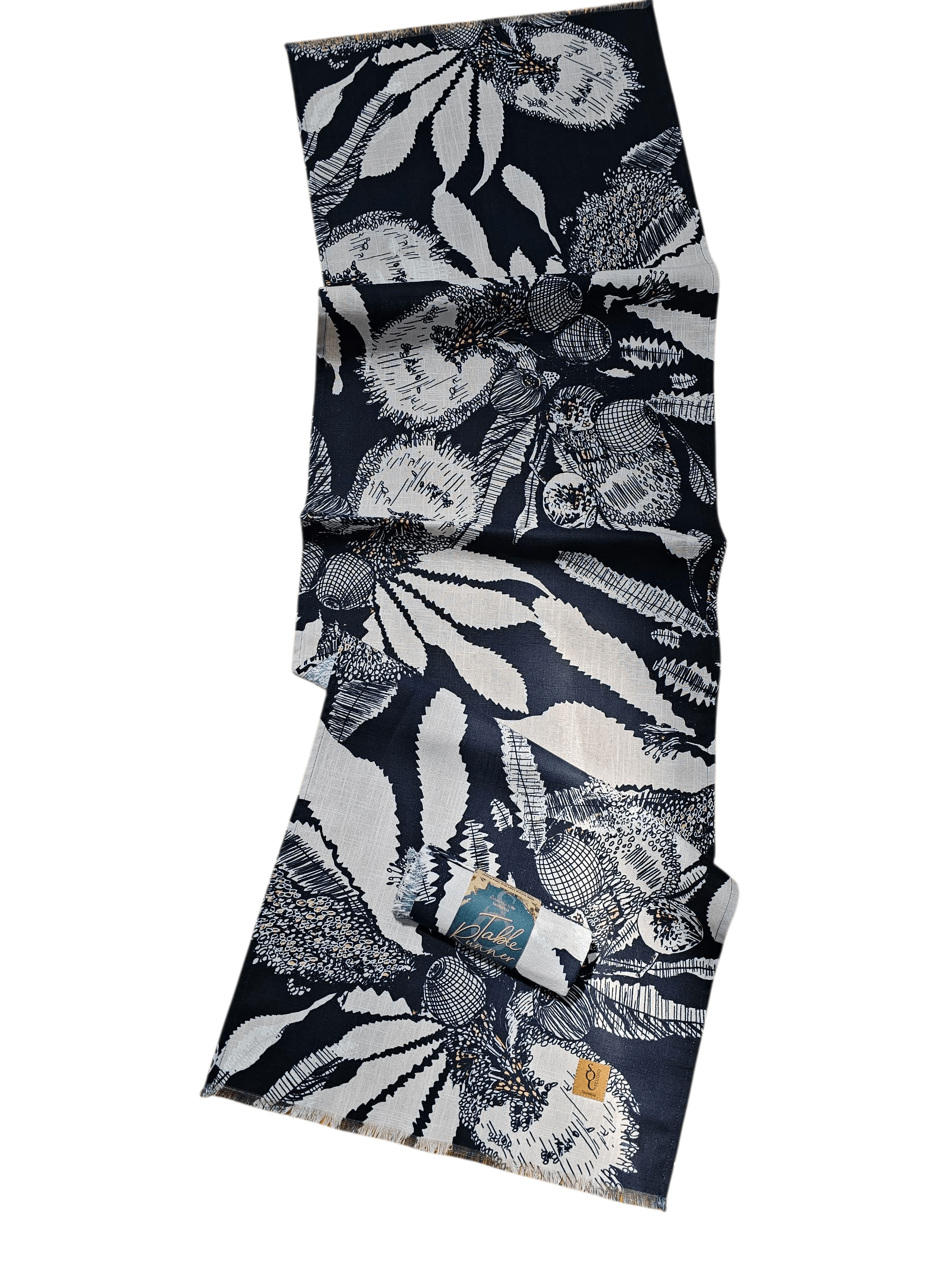 Printed Organic Linen Table Runner - Sawtooth Banksia table runners The Spotted Quoll 