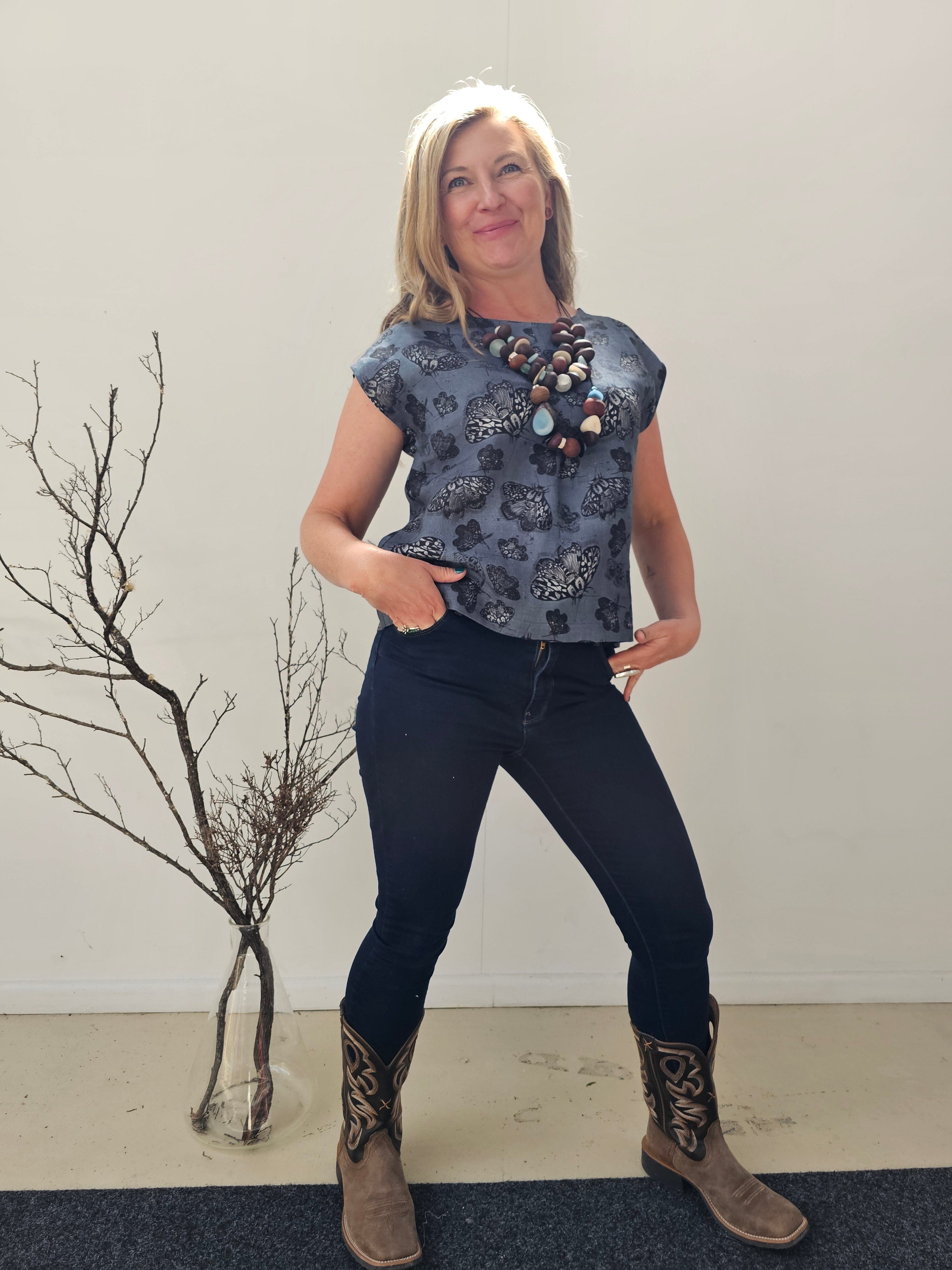 Pure Linen Mini Pleat Top - Slate Moth Shirts & Tops The Spotted Quoll 