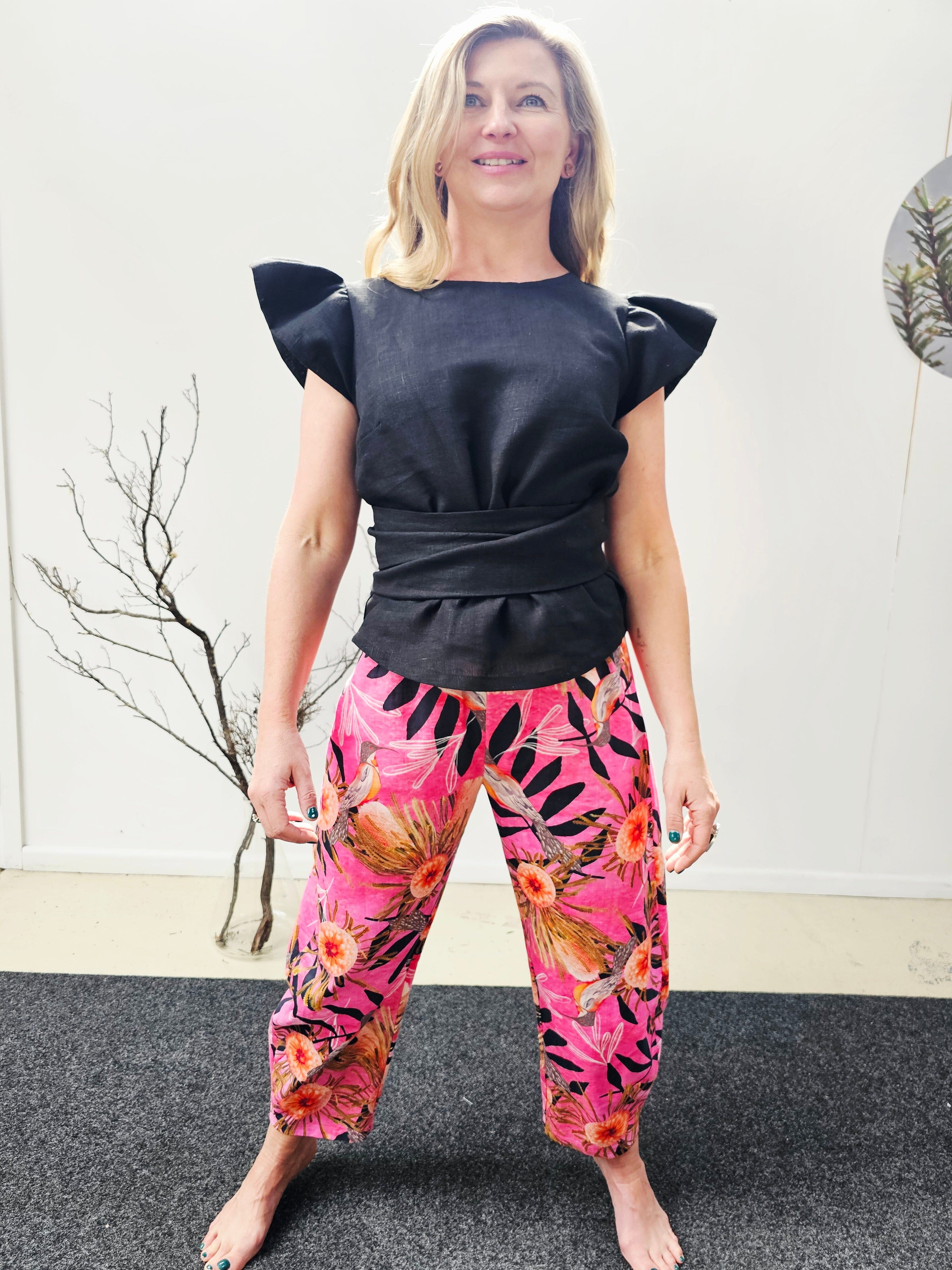 Flutter Top - Black Organic Linen top The Spotted Quoll 