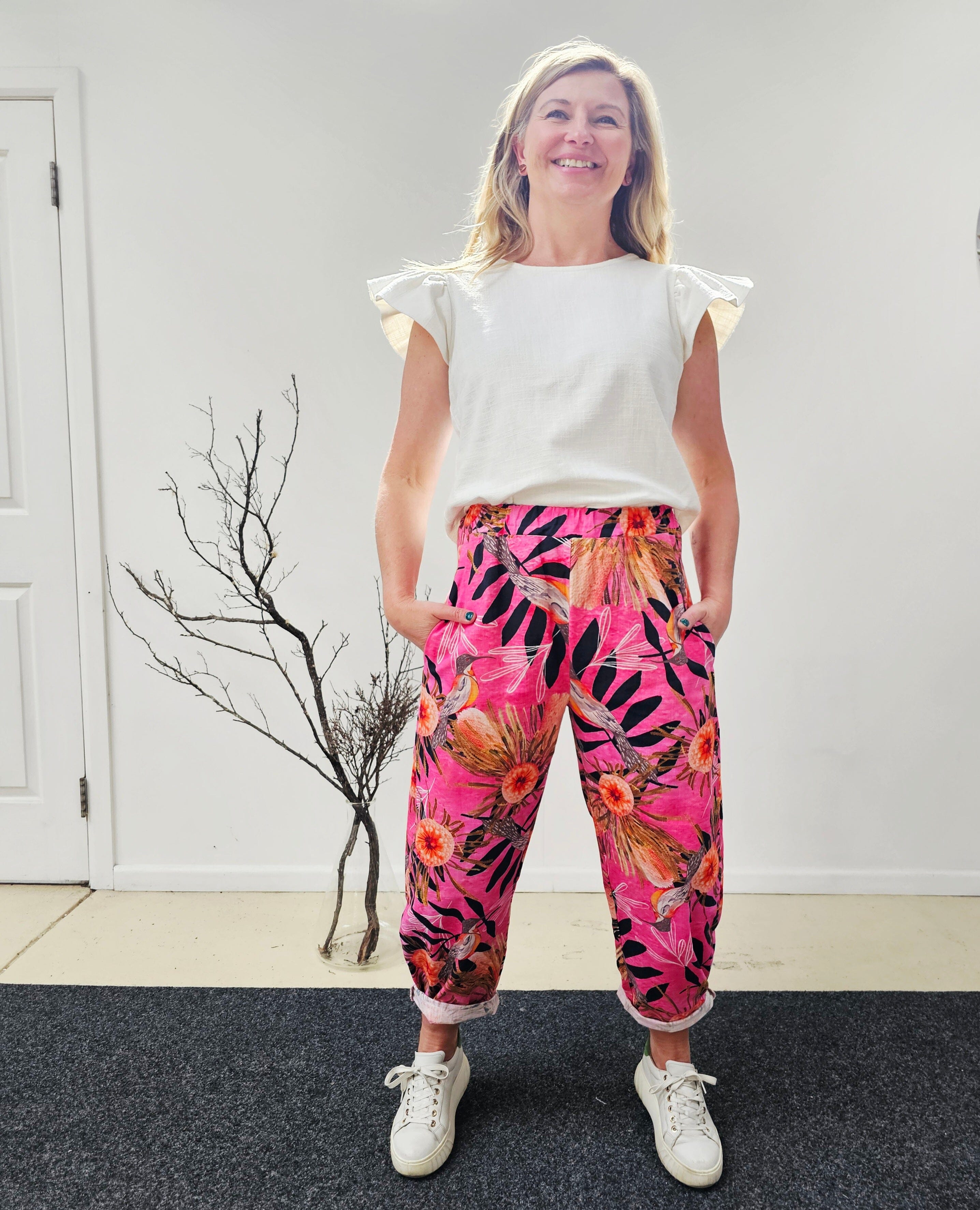 Boss Pant Organic Linen/Hemp - Pink Summer Bouquet Pants The Spotted Quoll 