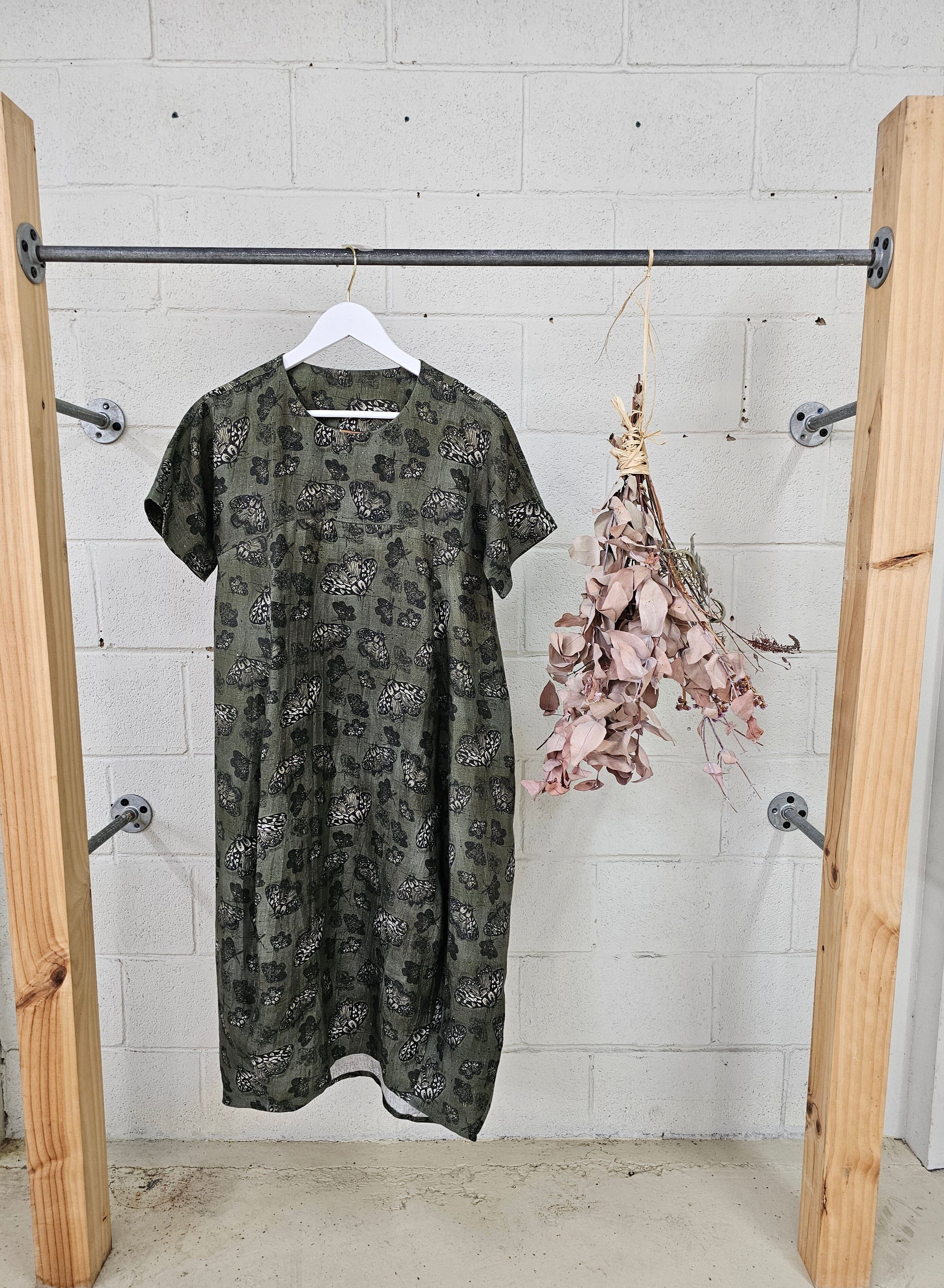 Organic Linen Cocoon Dress - Moss Moth Dress The Spotted Quoll 